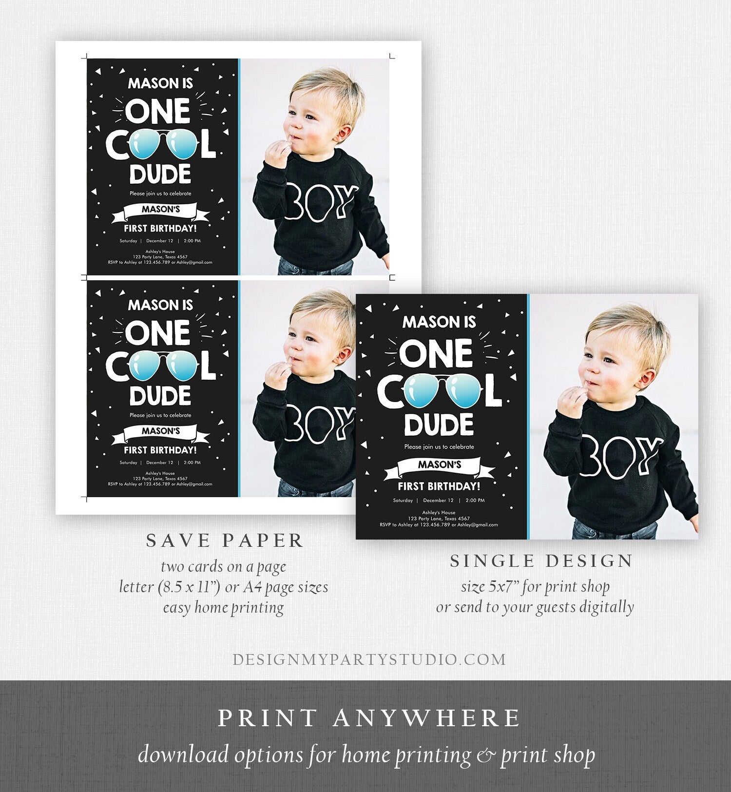 Editable One Cool Dude 1st Birthday Invitation Boy First Birthday Party Sunglasses Pilot Pool Cool One Printable Digital Template Evite 0136