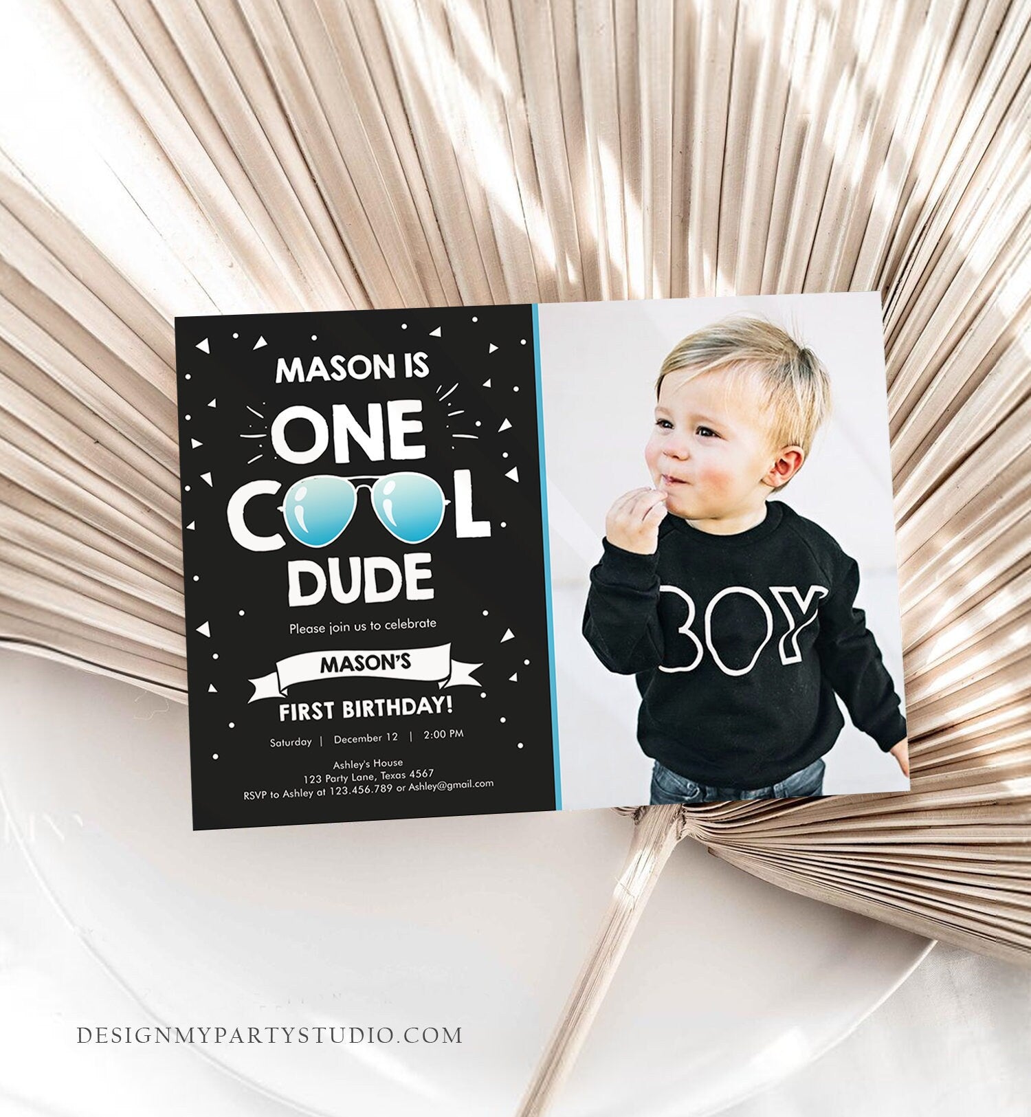 Editable One Cool Dude 1st Birthday Invitation Boy First Birthday Party Sunglasses Pilot Pool Cool One Printable Digital Template Evite 0136