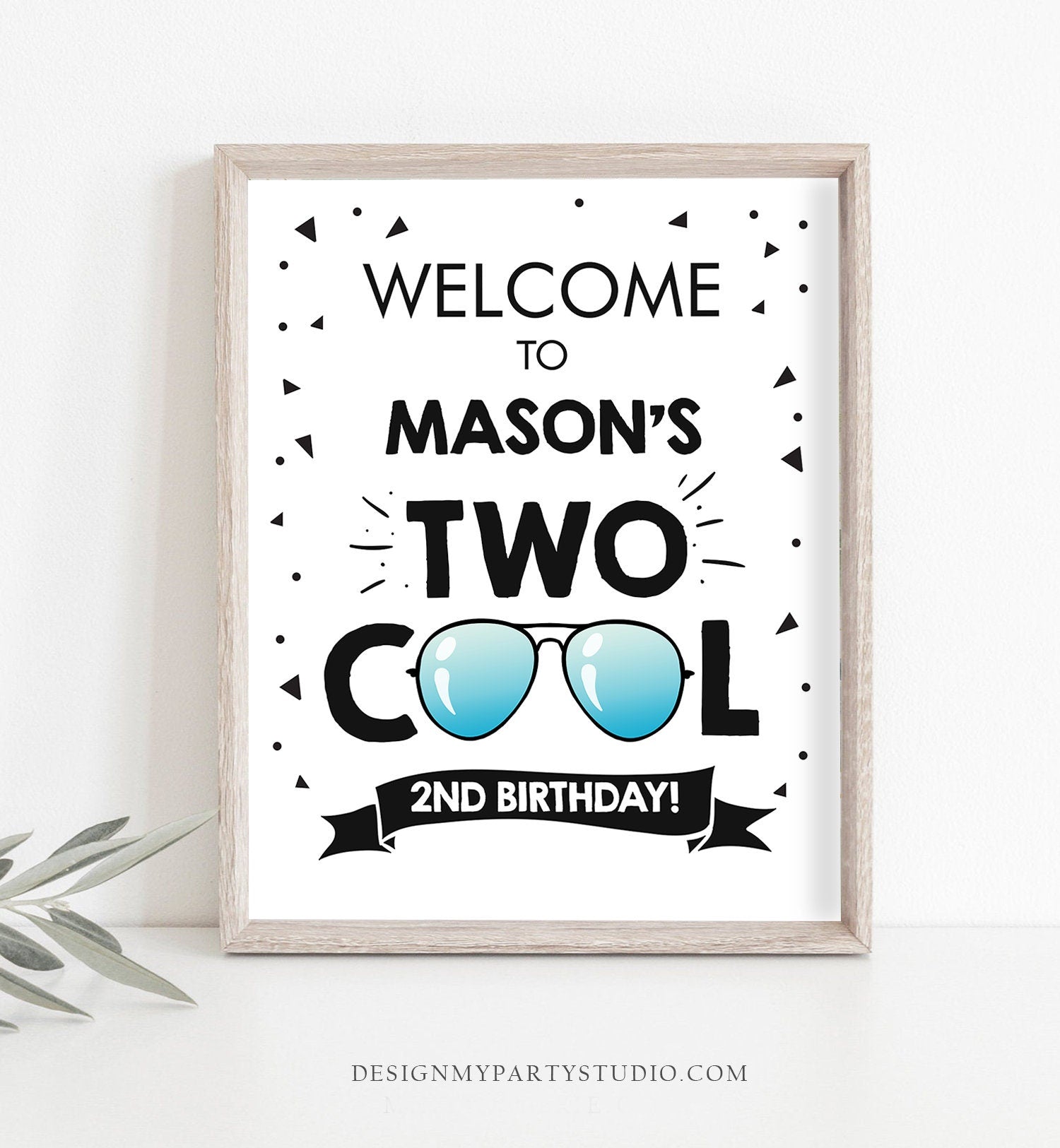 Editable Two Cool Birthday Party Welcome Sign Boy Second Birthday I'm This Many Pilot Sunglasses Blue Corjl Template Printable 0136