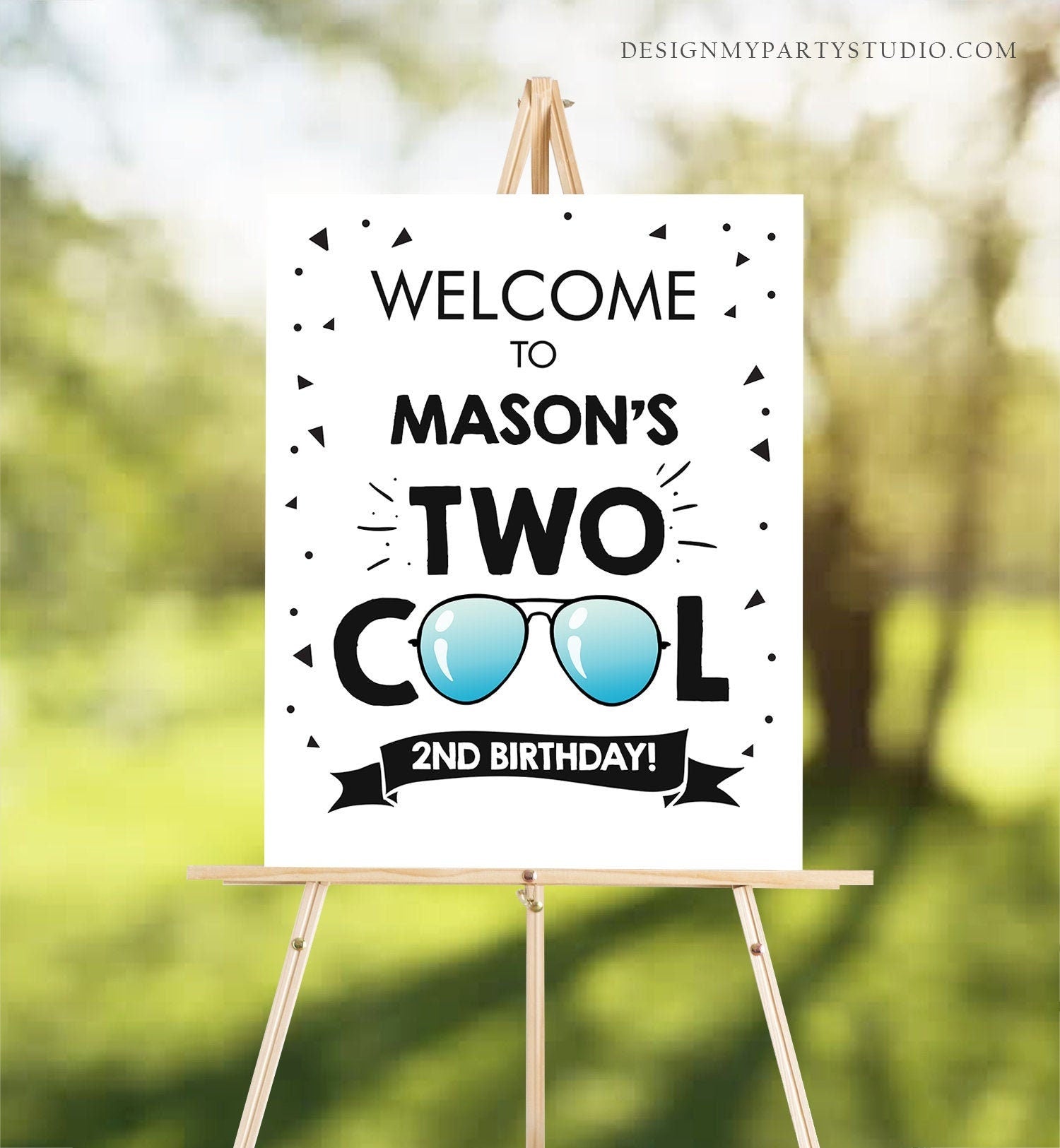 Editable Two Cool Birthday Party Welcome Sign Boy Second Birthday I'm This Many Pilot Sunglasses Blue Corjl Template Printable 0136