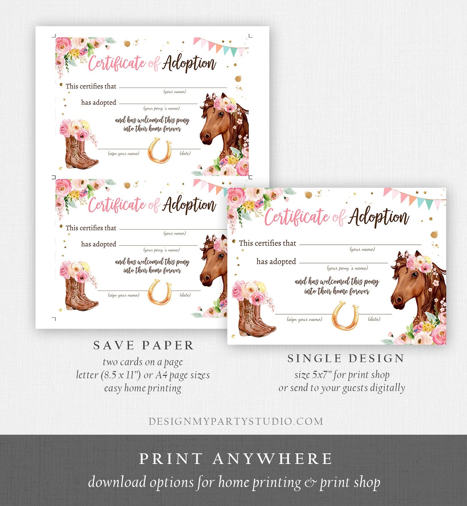 Adopt a Pony Adoption Certificate Horse Adoption Horse Birthday Party Pony Birthday Girl Horseback Riding Download Digital PRINTABLE 0408