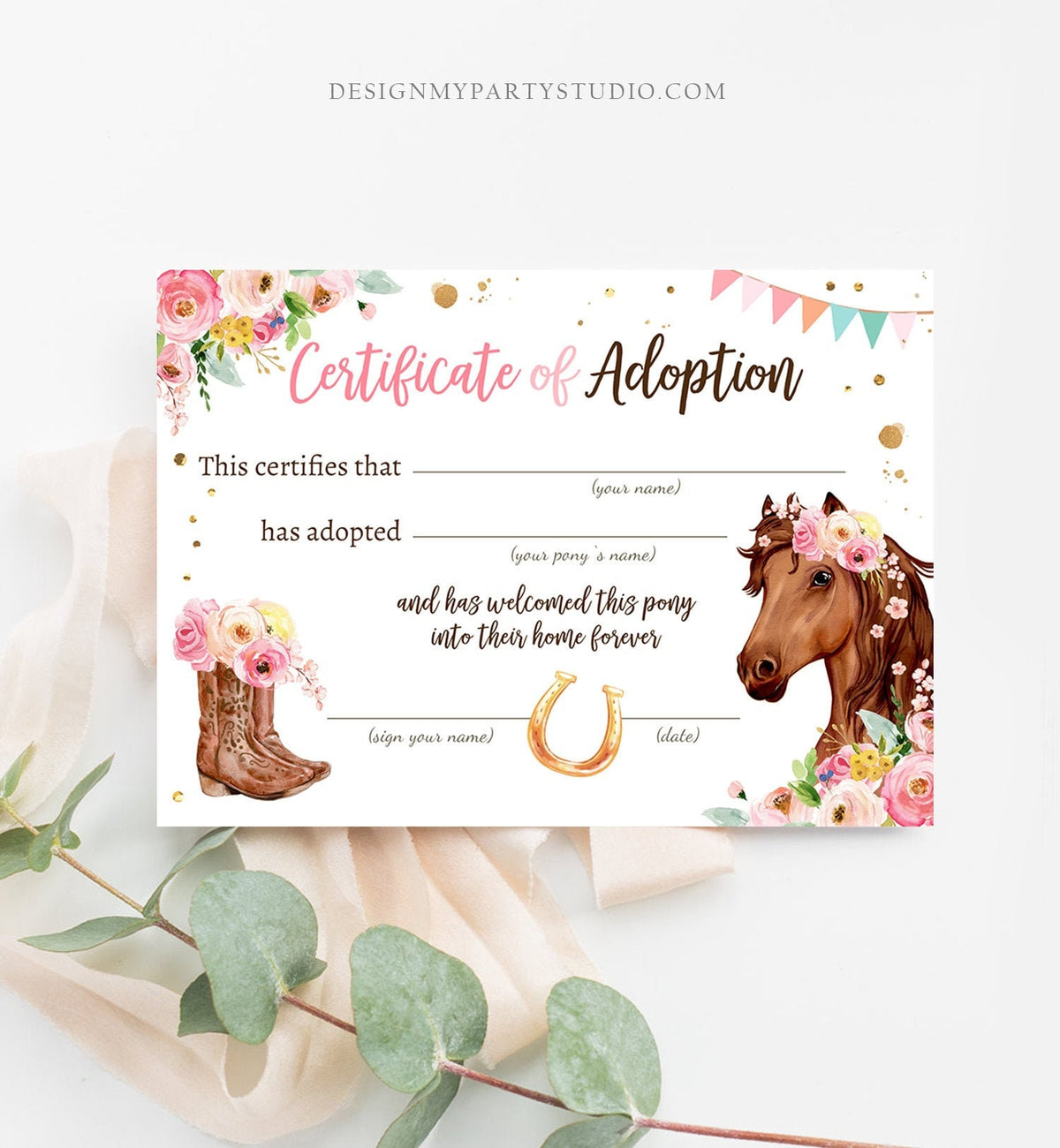 Adopt a Pony Adoption Certificate Horse Adoption Horse Birthday Party Pony Birthday Girl Horseback Riding Download Digital PRINTABLE 0408