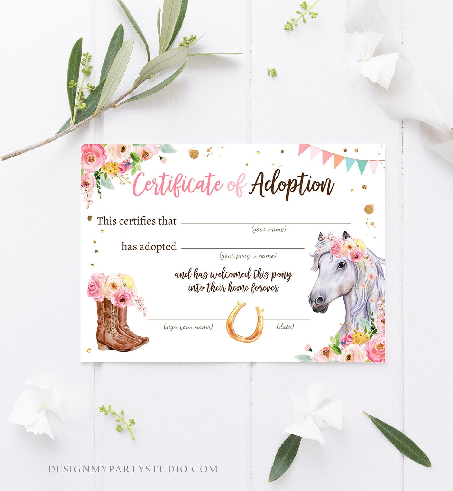 Adopt a Pony Adoption Certificate Horse Adoption Horse Birthday Party Pony Birthday Girl Horseback Riding Download Digital PRINTABLE 0408