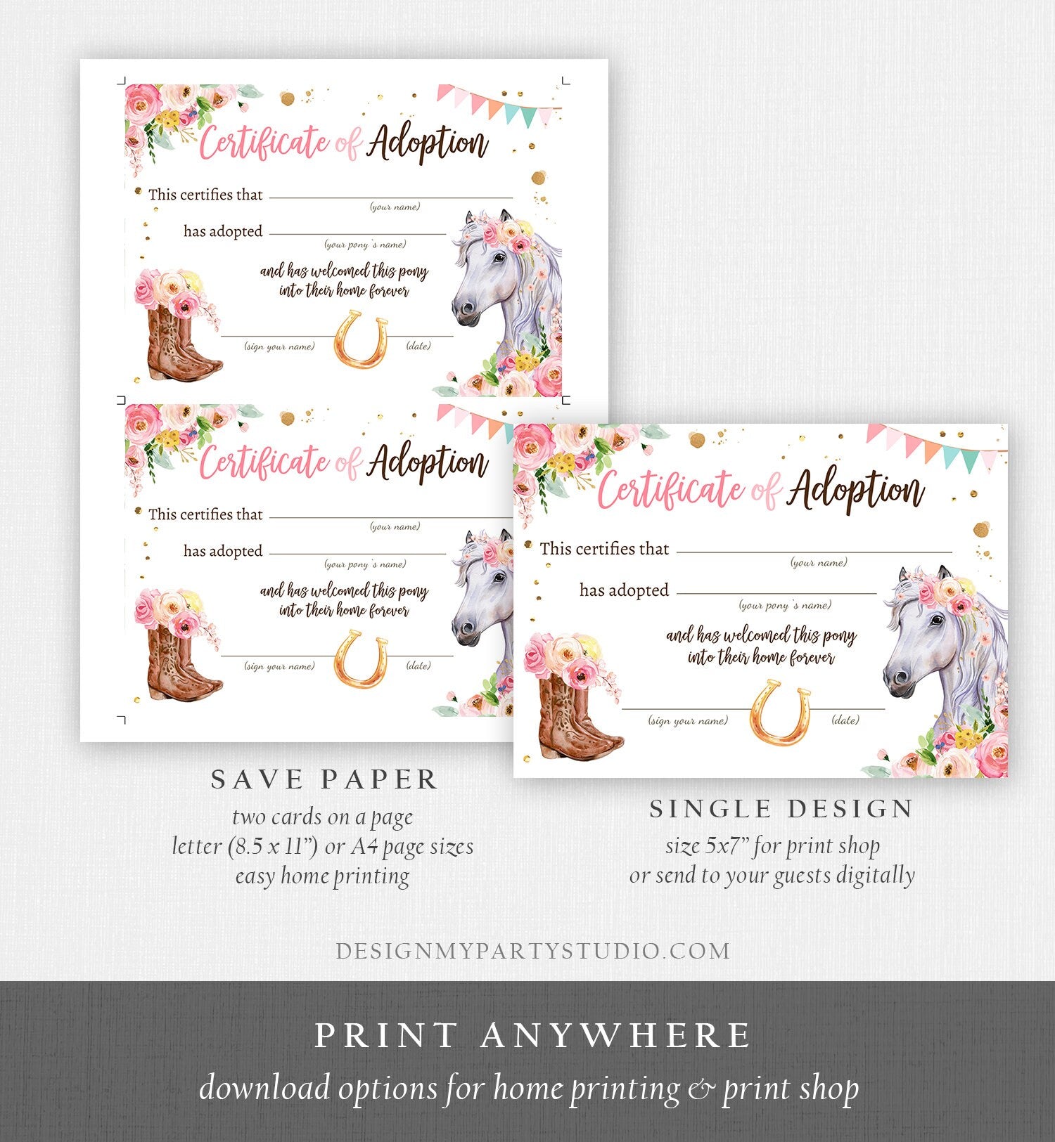 Adopt a Pony Adoption Certificate Horse Adoption Horse Birthday Party Pony Birthday Girl Horseback Riding Download Digital PRINTABLE 0408