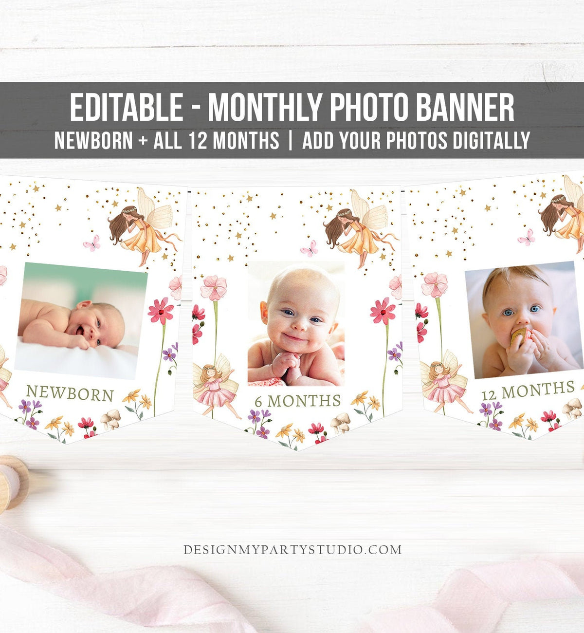 Editable Fairy First Birthday Monthly Photo Banner Fairy Forest 1st Birthday Magical Garden Tea Digital Download Template Printable 0406