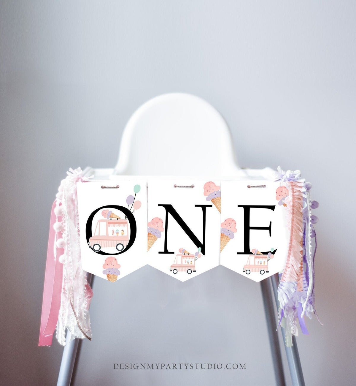 Ice Cream Truck High Chair Banner Modern Mint Pink Ice Cream 1st First Birthday Girl High Chair ONE Banner Sweet One PRINTABLE Digital 0415