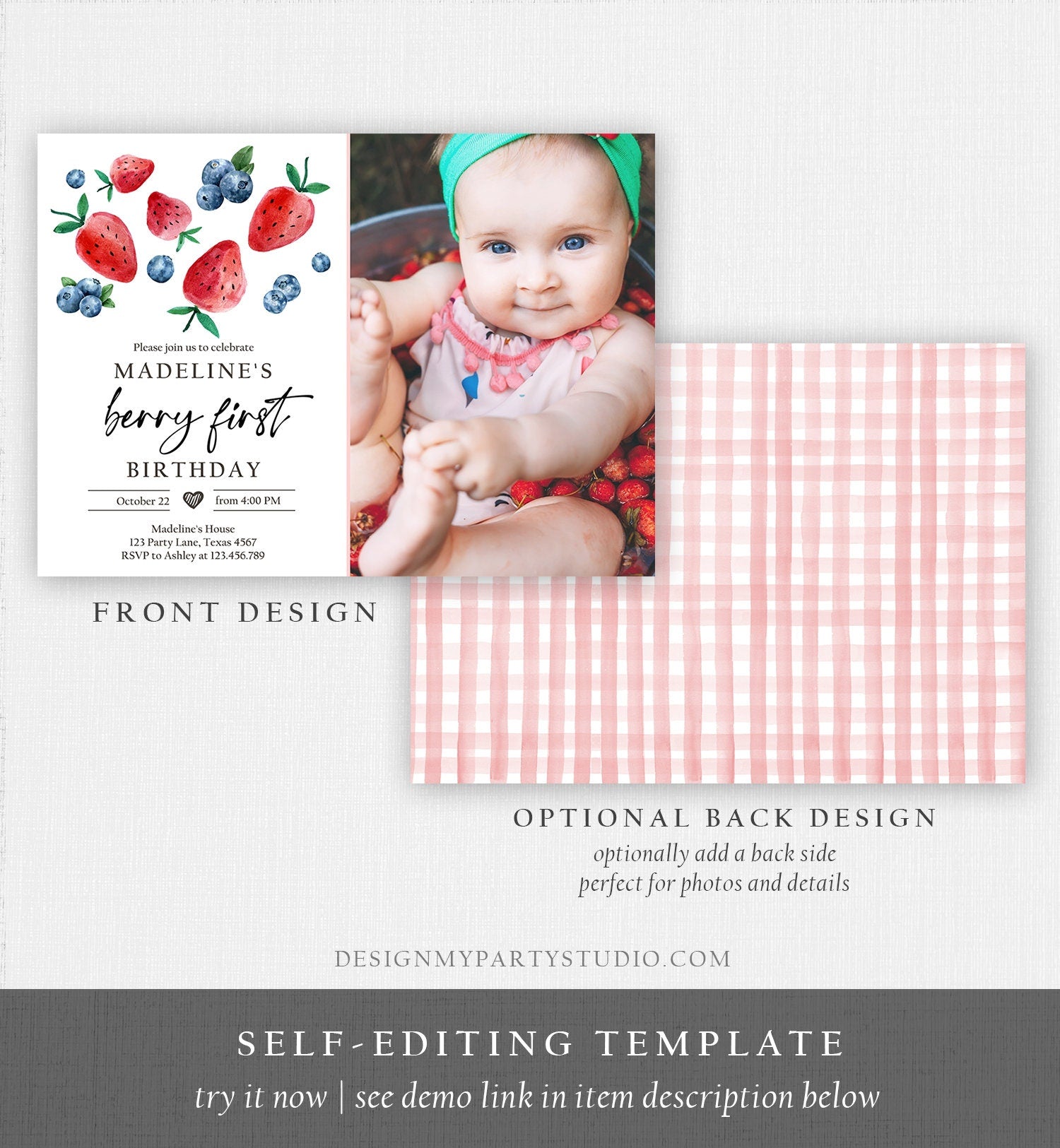 Editable Berry Sweet Birthday Invitation Blueberry Strawberry Picking Party Farmers Market Twin Printable Photo Template Corjl Digital 0399