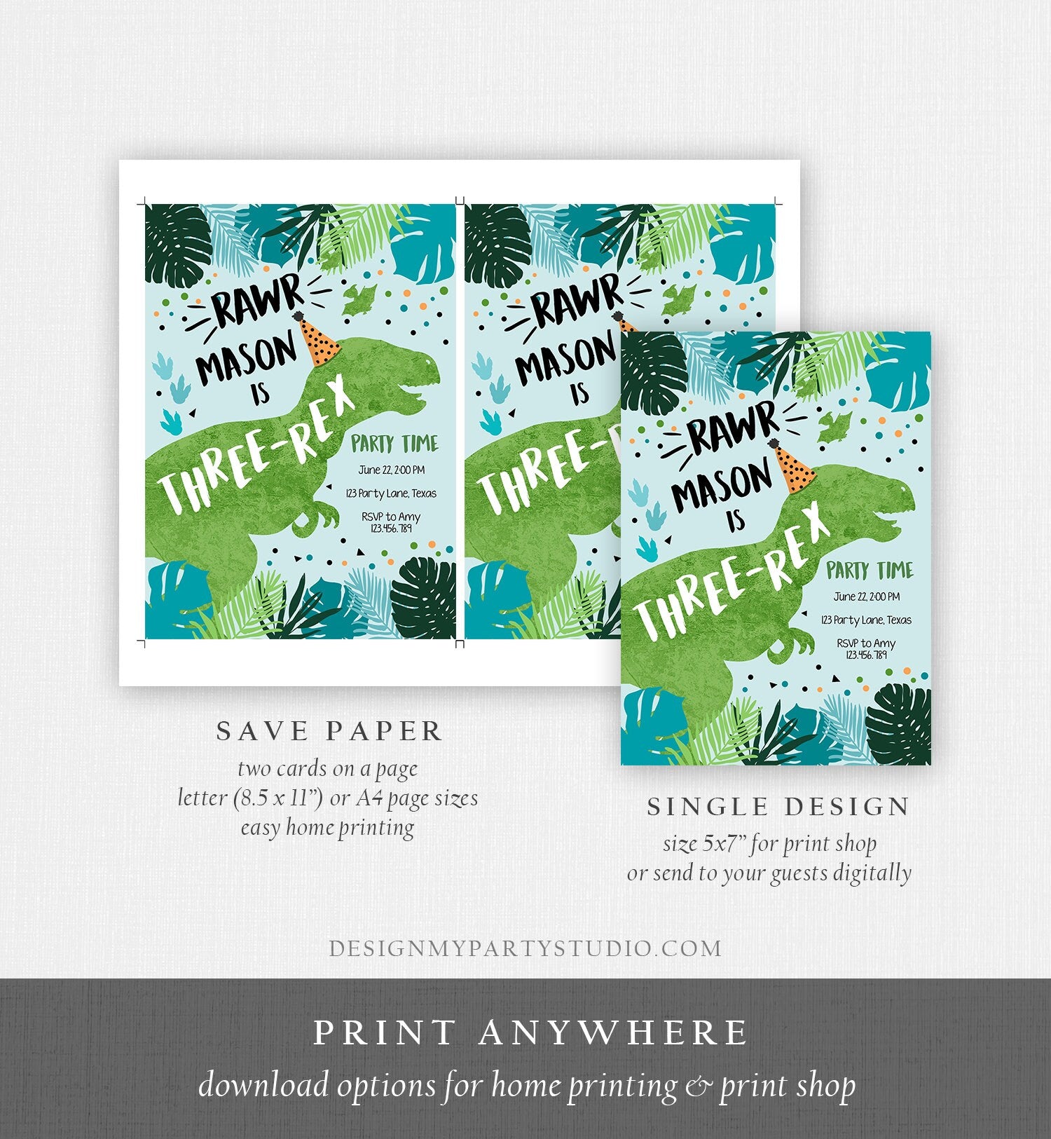 Editable Three-Rex Dinosaur Birthday Invitation Dino T-Rex Third Birthday 3rd Rawr Boy Green Blue Prehistoric Printable Corjl Template 0389