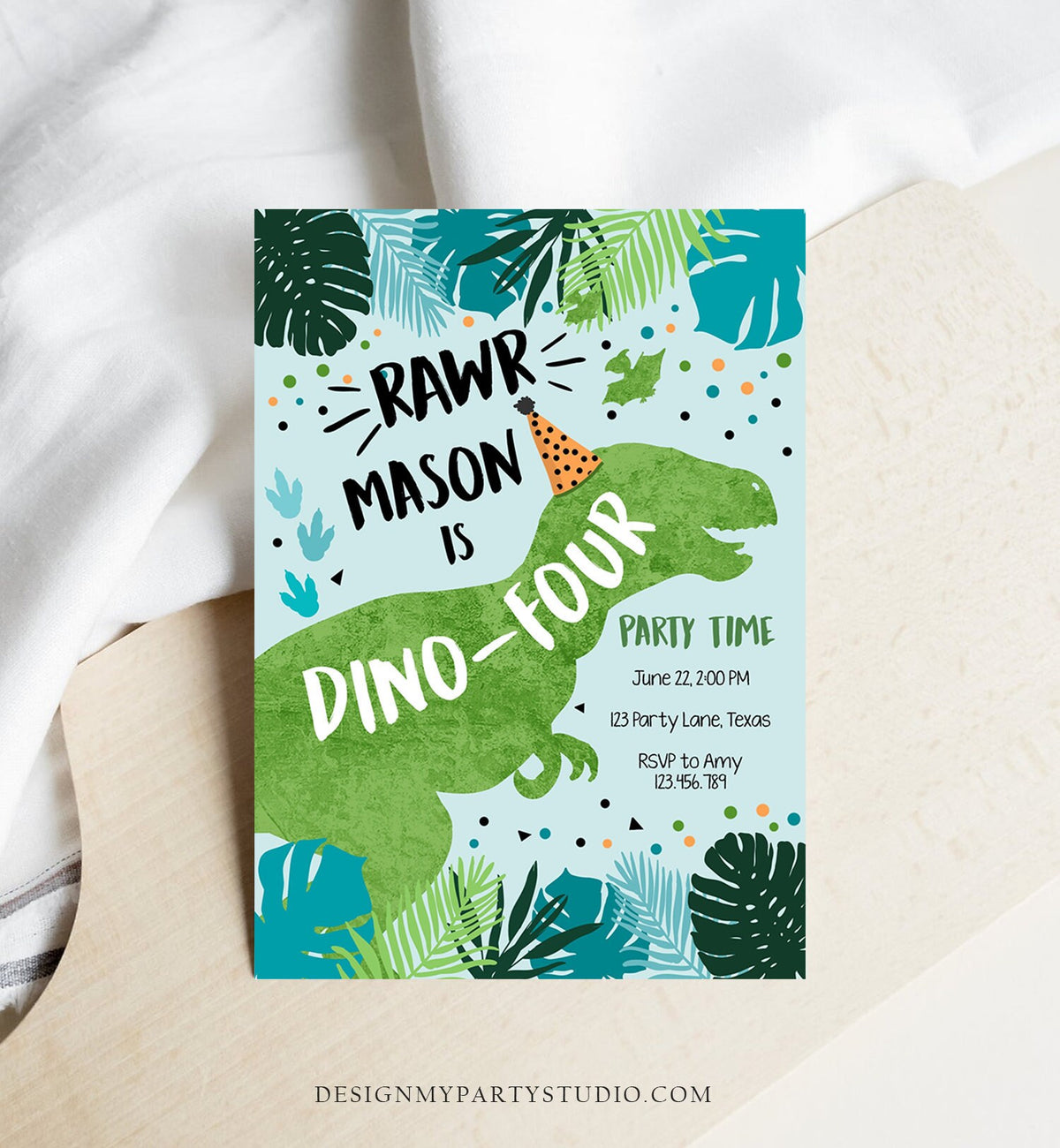 Editable Dino-Four Dinosaur Birthday Invitation Dino T-Rex 4th Birthday Fourth Rawr Boy Green Blue Prehistoric Printable Corjl Template 0389