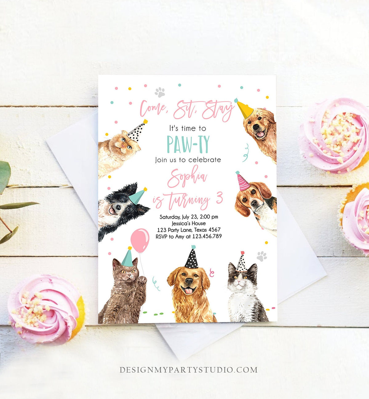 Editable Cats and Dogs Birthday Invitation Cat Dog Birthday Party Invite Girl Kitten Puppy Pawty Download Printable Template Corjl 0384