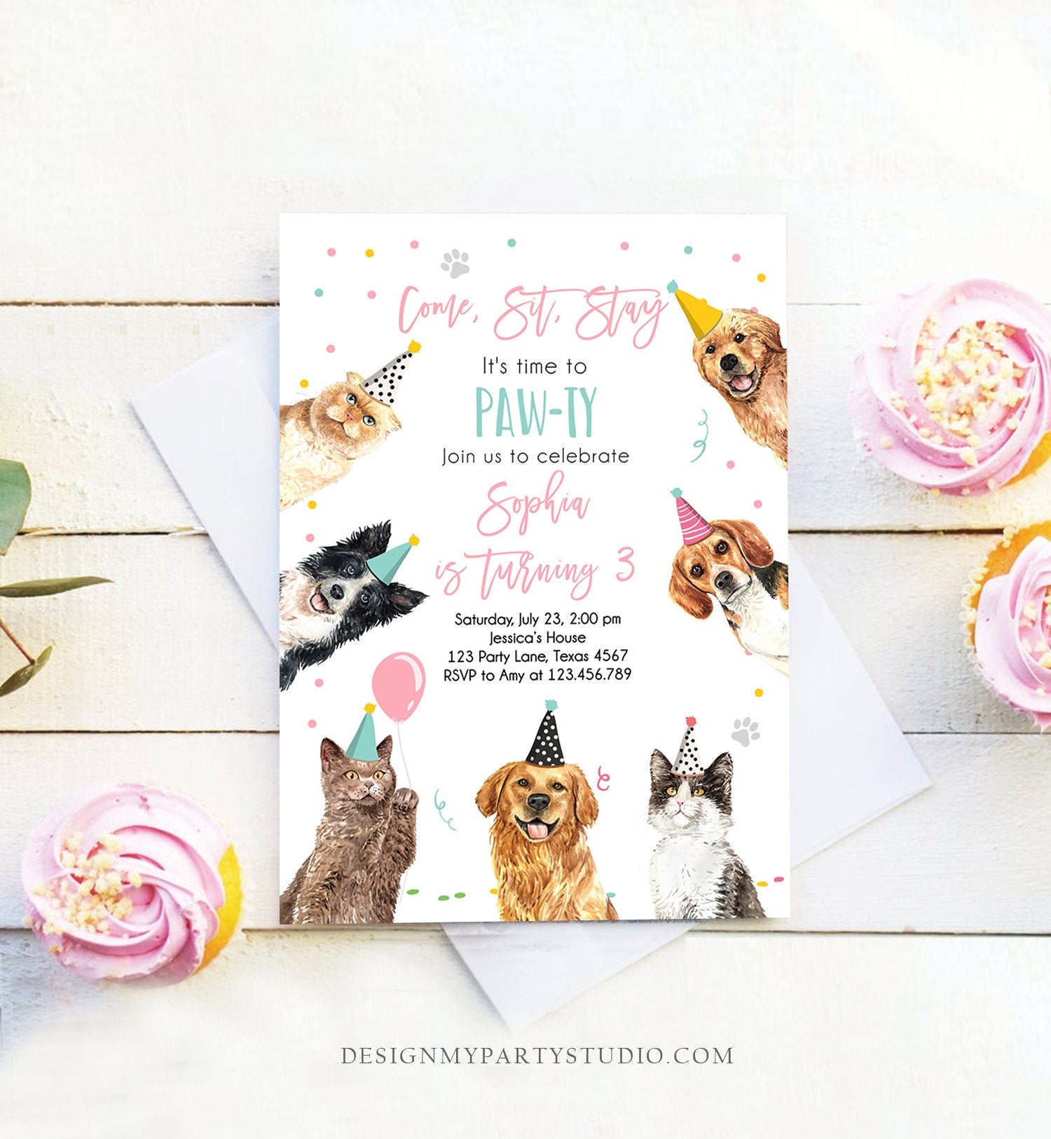 Editable Cats and Dogs Birthday Invitation Cat Dog Birthday Party Invite Girl Kitten Puppy Pawty Download Printable Template Corjl 0384