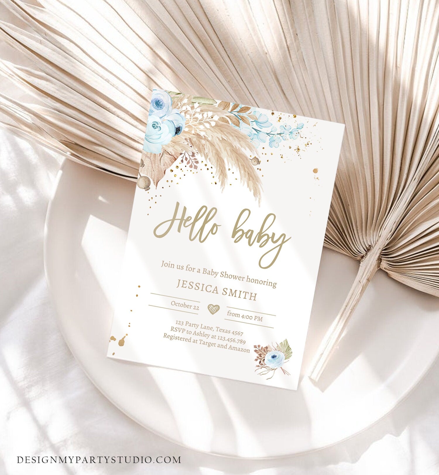 Editable Pampas Grass Baby Shower Invitation Boho Baby Shower Boy Bohemian Shower Tropical Download Printable Invitation Template Corjl 0395