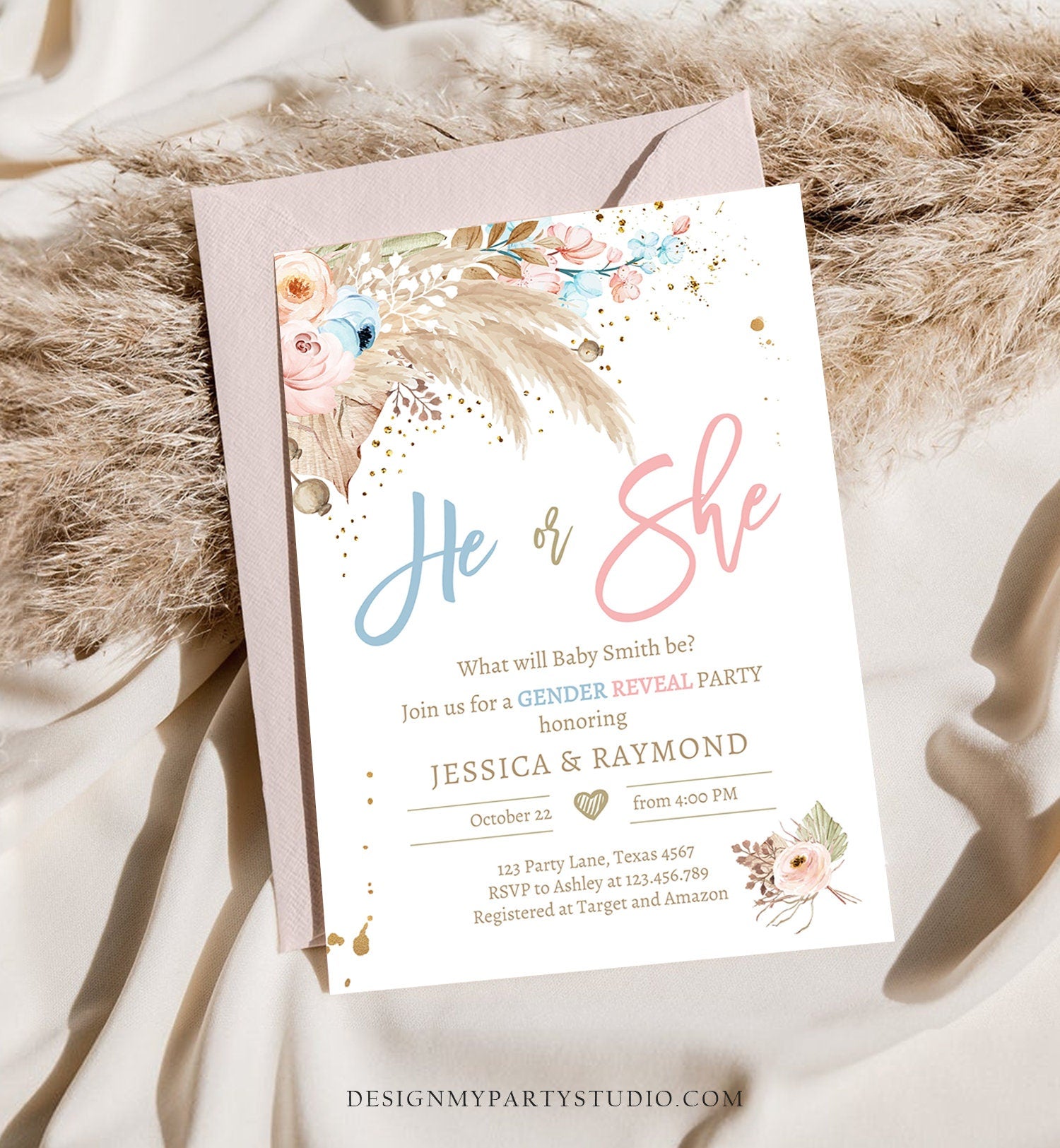 Editable Pampas Grass Gender Reveal Party Invitation Boho Gender Reveal Bohemian Tropical Desert Download Printable Template Corjl 0395