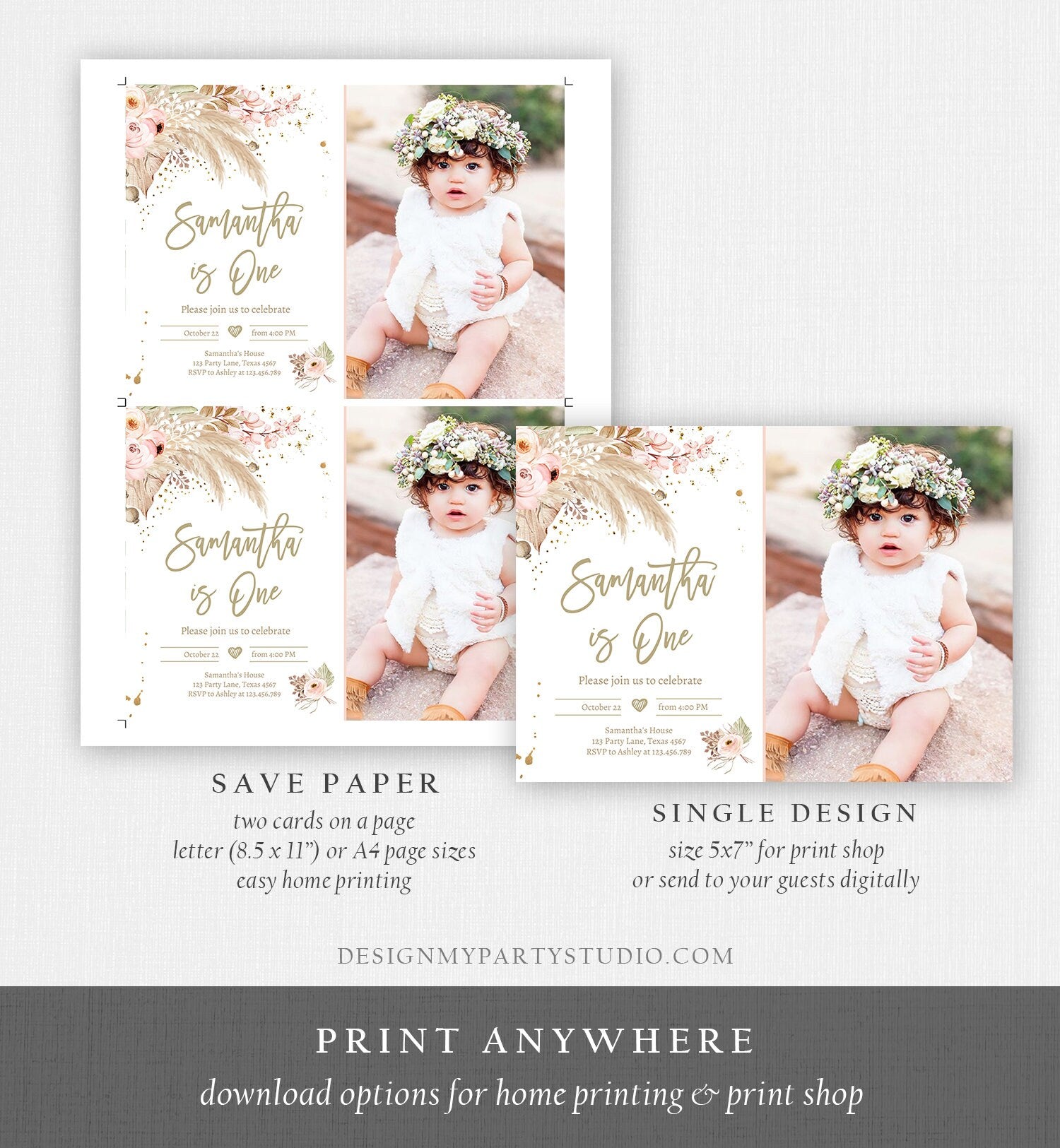 Editable Pampas Grass Birthday Invitation Boho Birthday Invite Bohemian Girl Muted Rustic Download Printable Invitation Template Corjl 0395