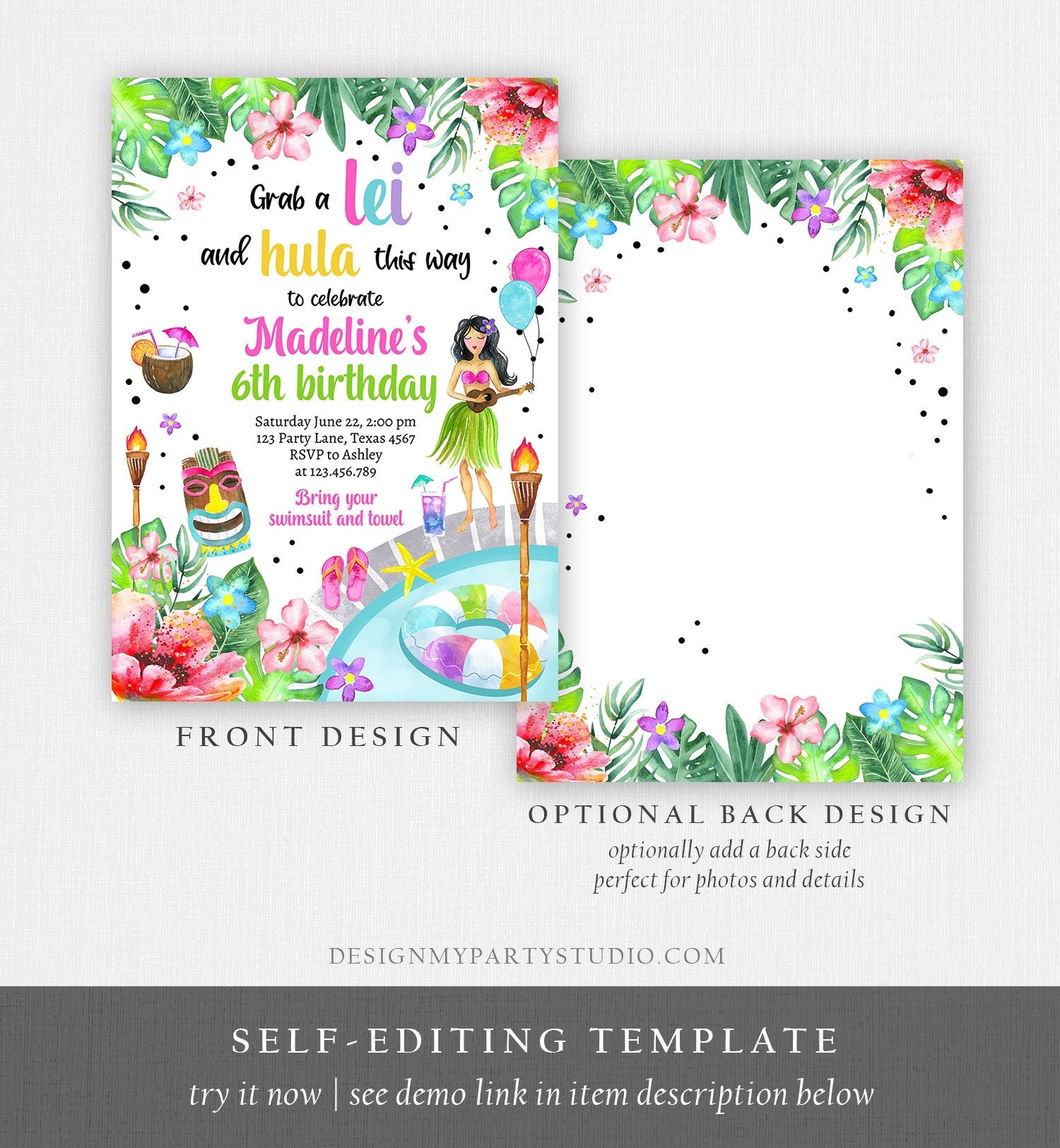 Editable Hawaiian Luau Birthday Invitation Tropical Pool Party Luau Party Hawaiian Birthday Hawaii Download Digital Template Printable 0412