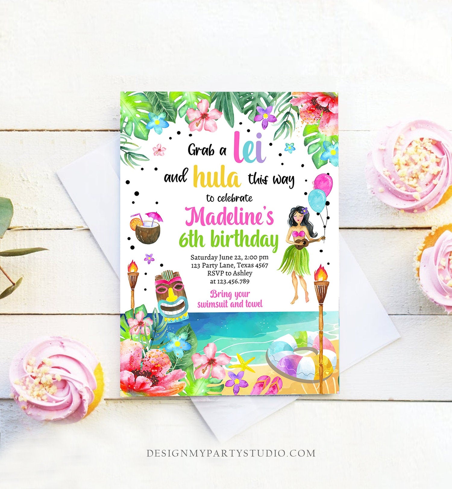 Editable Hawaiian Luau Birthday Invitation Tropical Pool Party Luau Party Hawaiian Birthday Hawaii Download Corjl Template Printable 0412