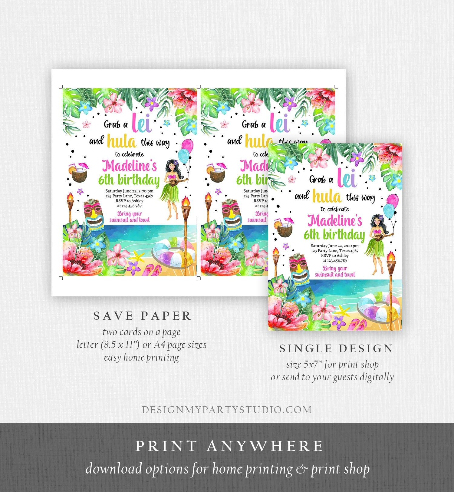 Editable Hawaiian Luau Birthday Invitation Tropical Pool Party Luau Party Hawaiian Birthday Hawaii Download Corjl Template Printable 0412