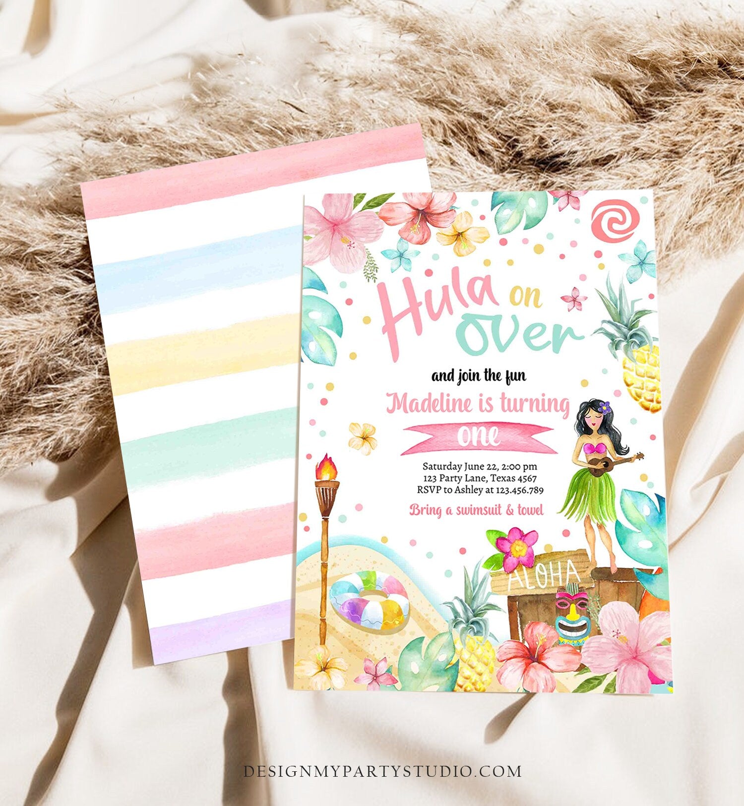 Editable Hawaiian Luau Birthday Invitation Tropical Pool Party Luau Party Hawaiian Birthday Hawaii Download Corjl Template Printable 0413