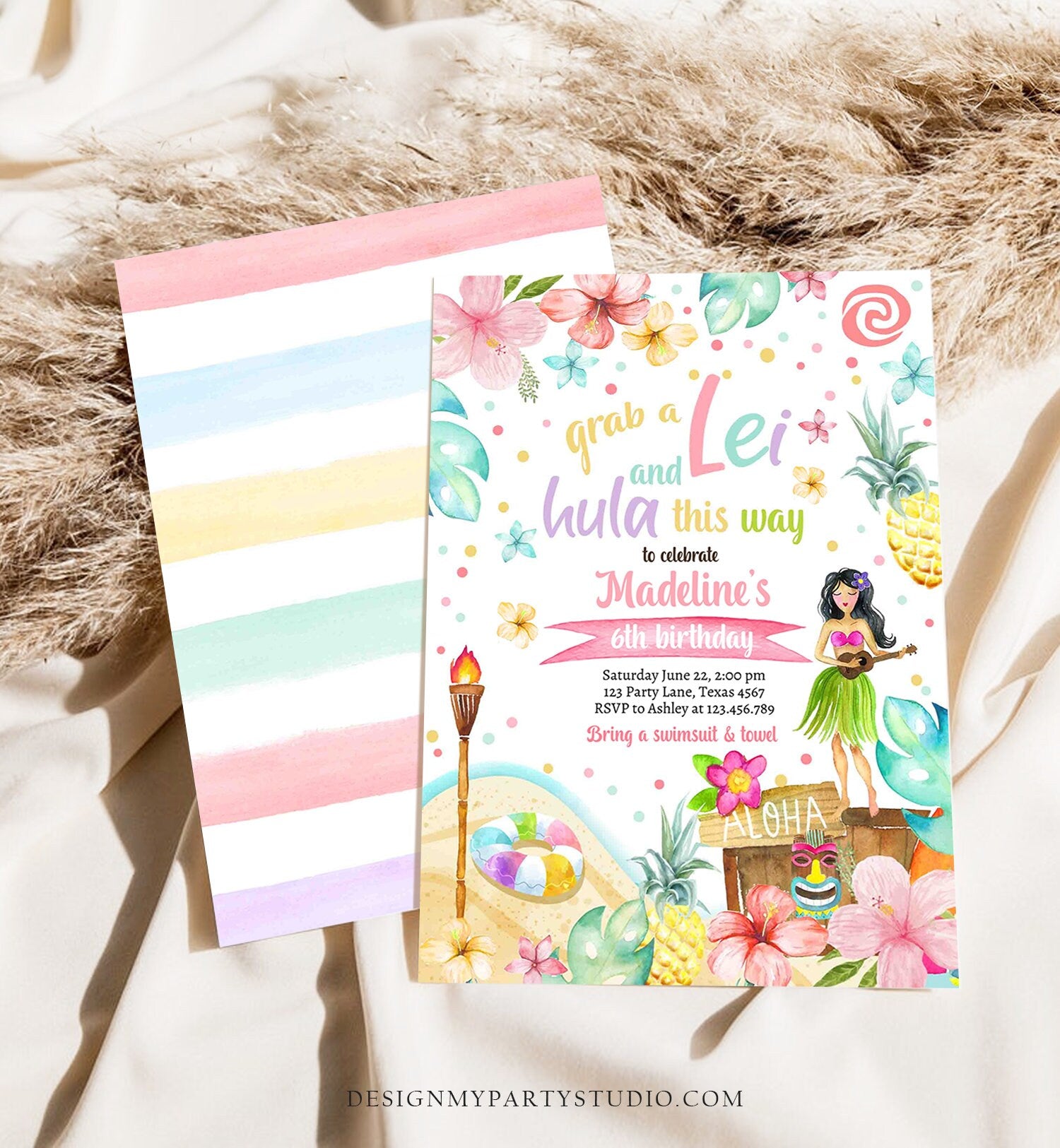 Editable Hawaiian Luau Birthday Invitation Tropical Pool Party Luau Party Hawaiian Birthday Hawaii Download Corjl Template Printable 0413