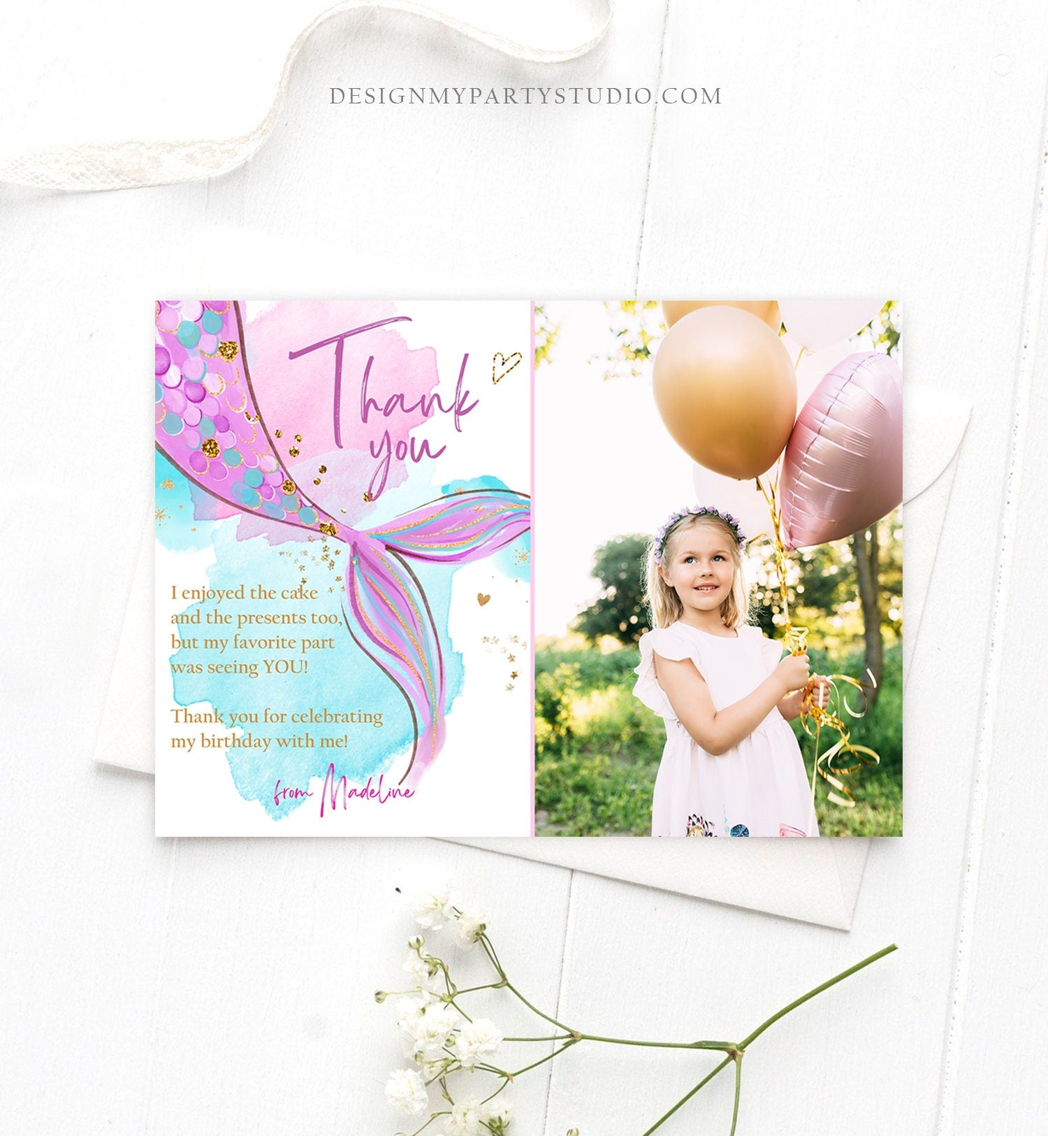 Editable Mermaid Thank You Card Girl Mermaid Birthday Party Thank You Note Purple Gold Under The Sea Printable Template Corjl Digital 0403