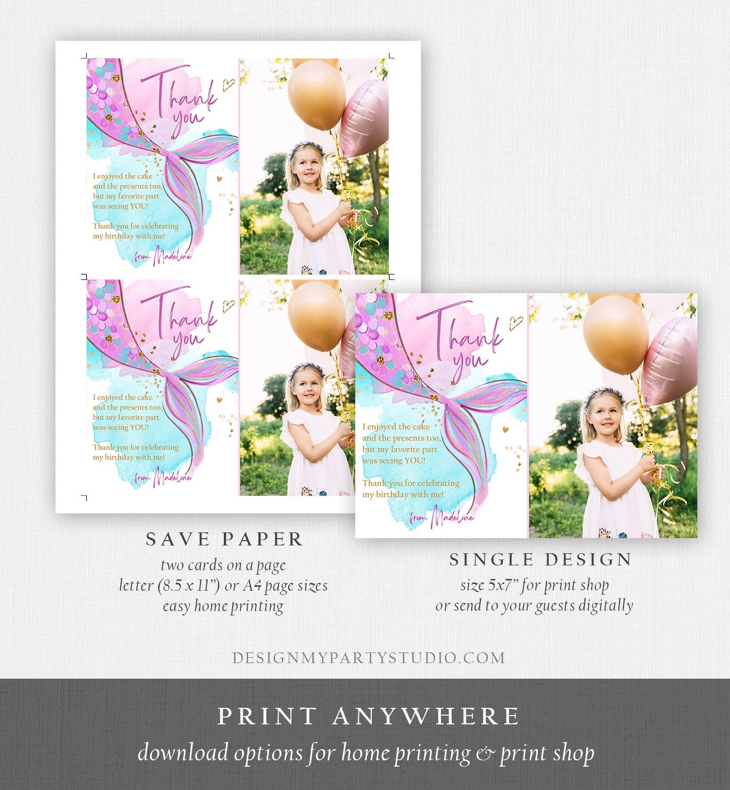 Editable Mermaid Thank You Card Girl Mermaid Birthday Party Thank You Note Purple Gold Under The Sea Printable Template Corjl Digital 0403