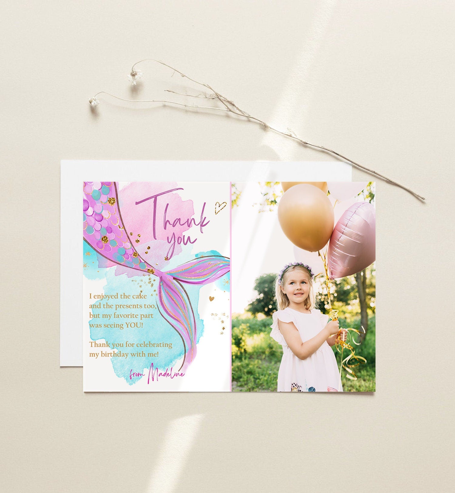 Editable Mermaid Thank You Card Girl Mermaid Birthday Party Thank You Note Purple Gold Under The Sea Printable Template Corjl Digital 0403