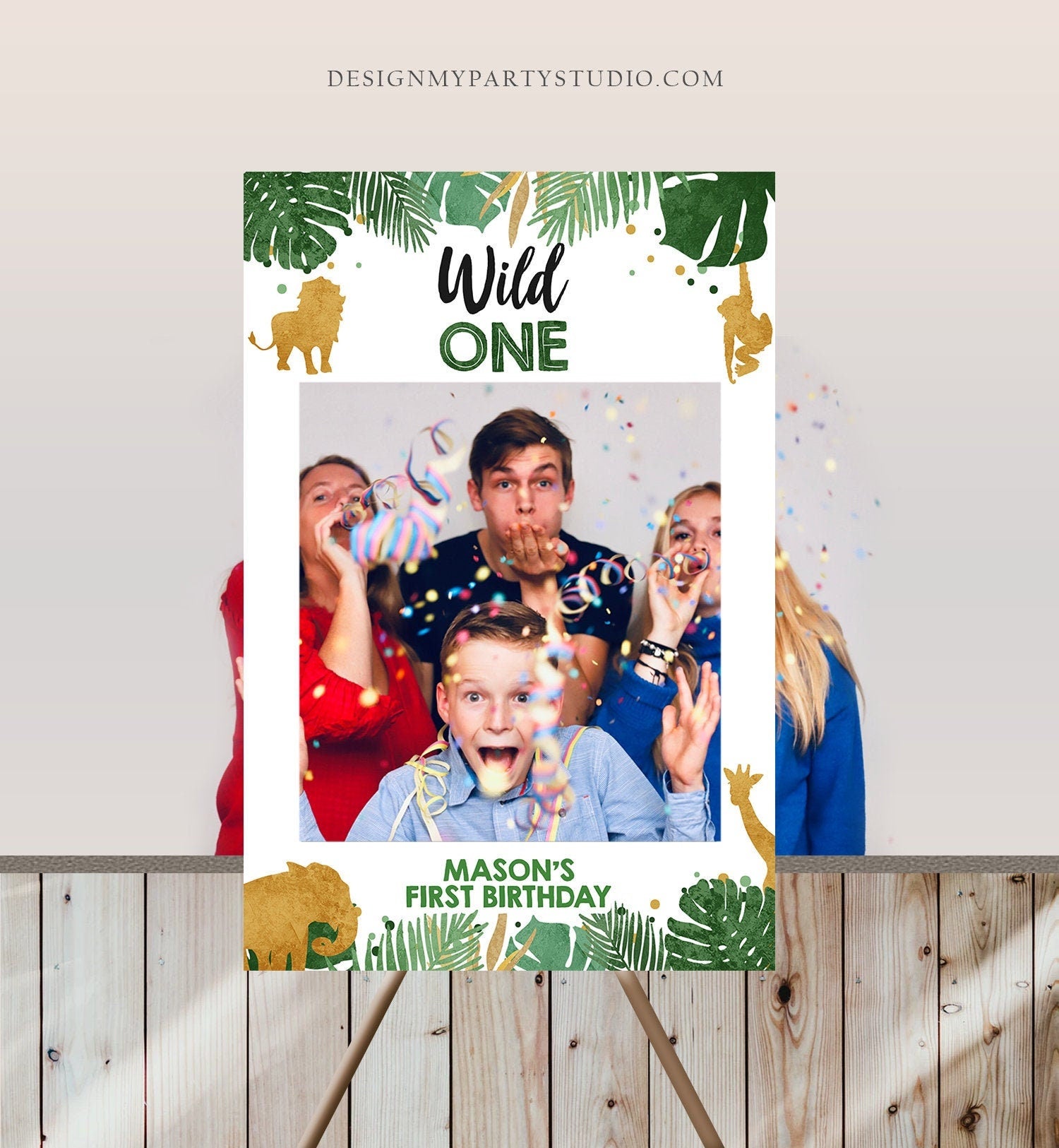 Editable Safari Animals Birthday Photo Frame Boy First Birthday 1st Gold Wild One Party Animals Booth Decor Corjl Template Printable 0016