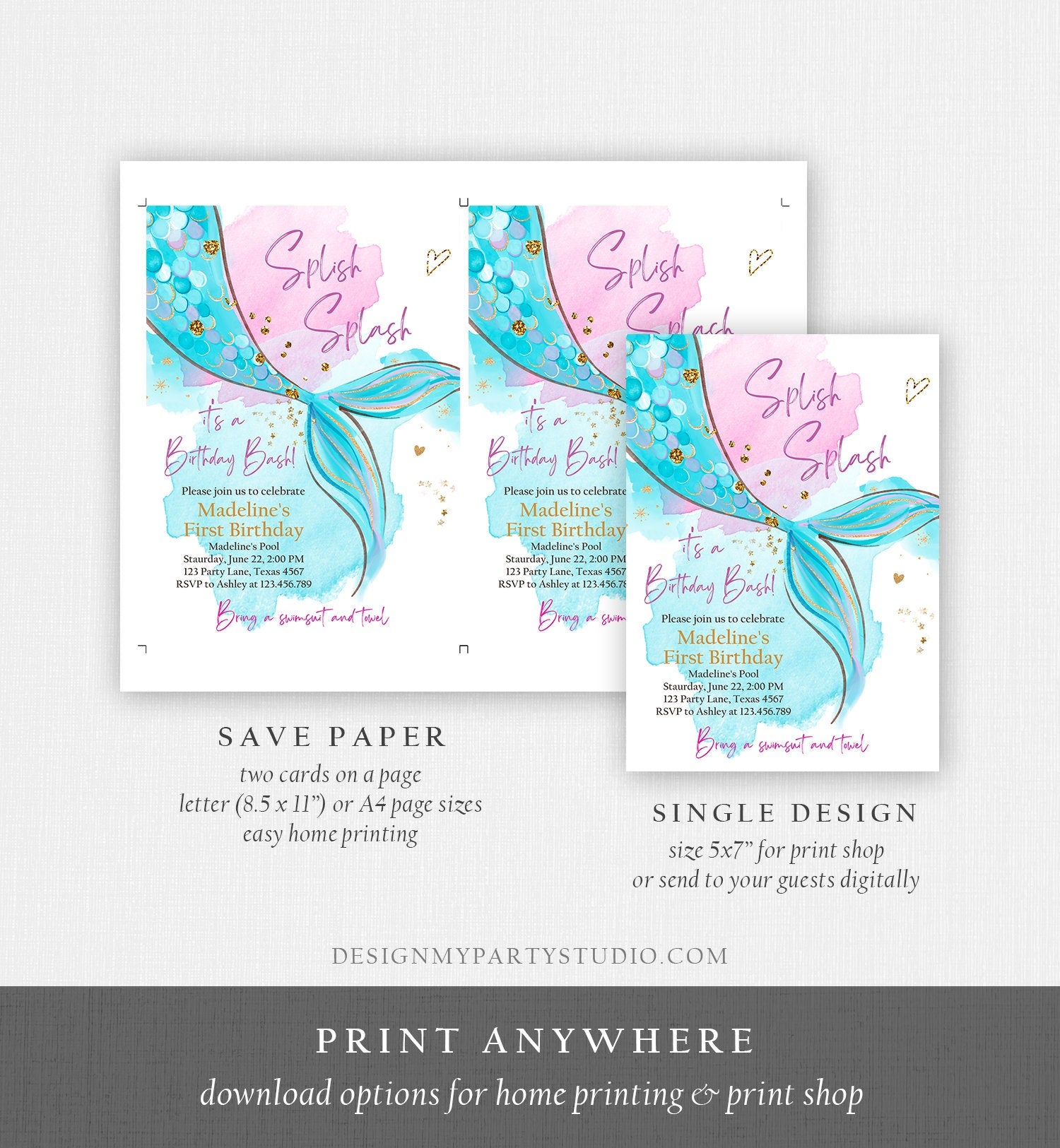 Editable Mermaid Birthday Party Invitation Girl Pink Aqua Blue Gold Mermaid Birthday Under The Sea Download Printable Template Corjl 0403