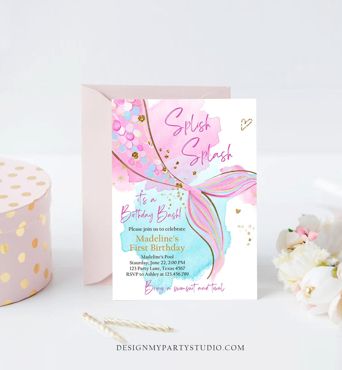 Editable Mermaid Birthday Party Invitation Girl Pink Aqua Purple Gold Mermaid Birthday Under The Sea Download Printable Template Corjl 0403