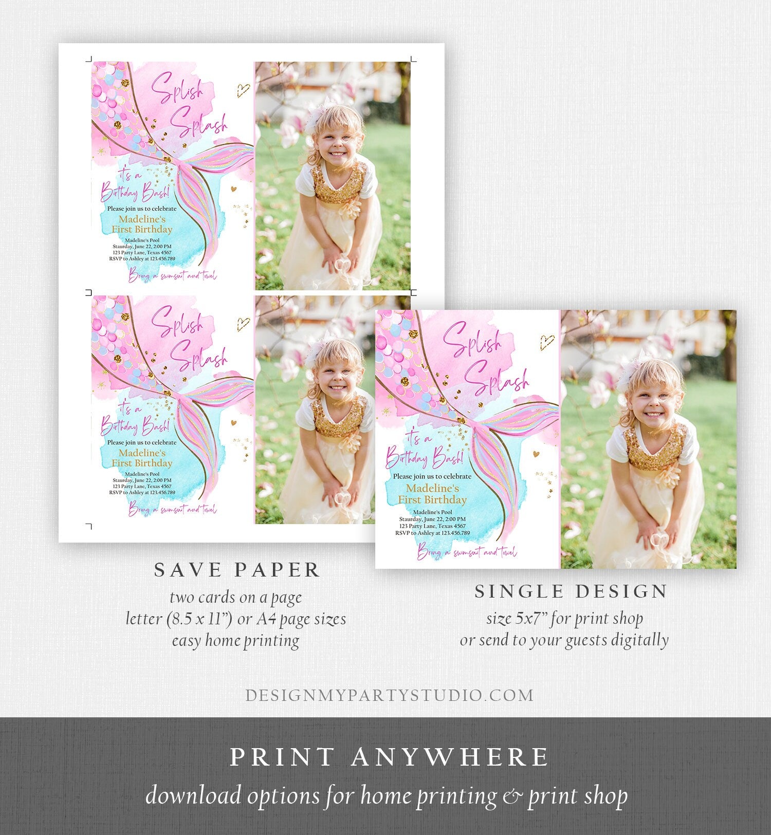 Editable Mermaid Birthday Party Invitation Girl Pink Aqua Purple Gold Mermaid Birthday Under The Sea Download Printable Template Corjl 0403