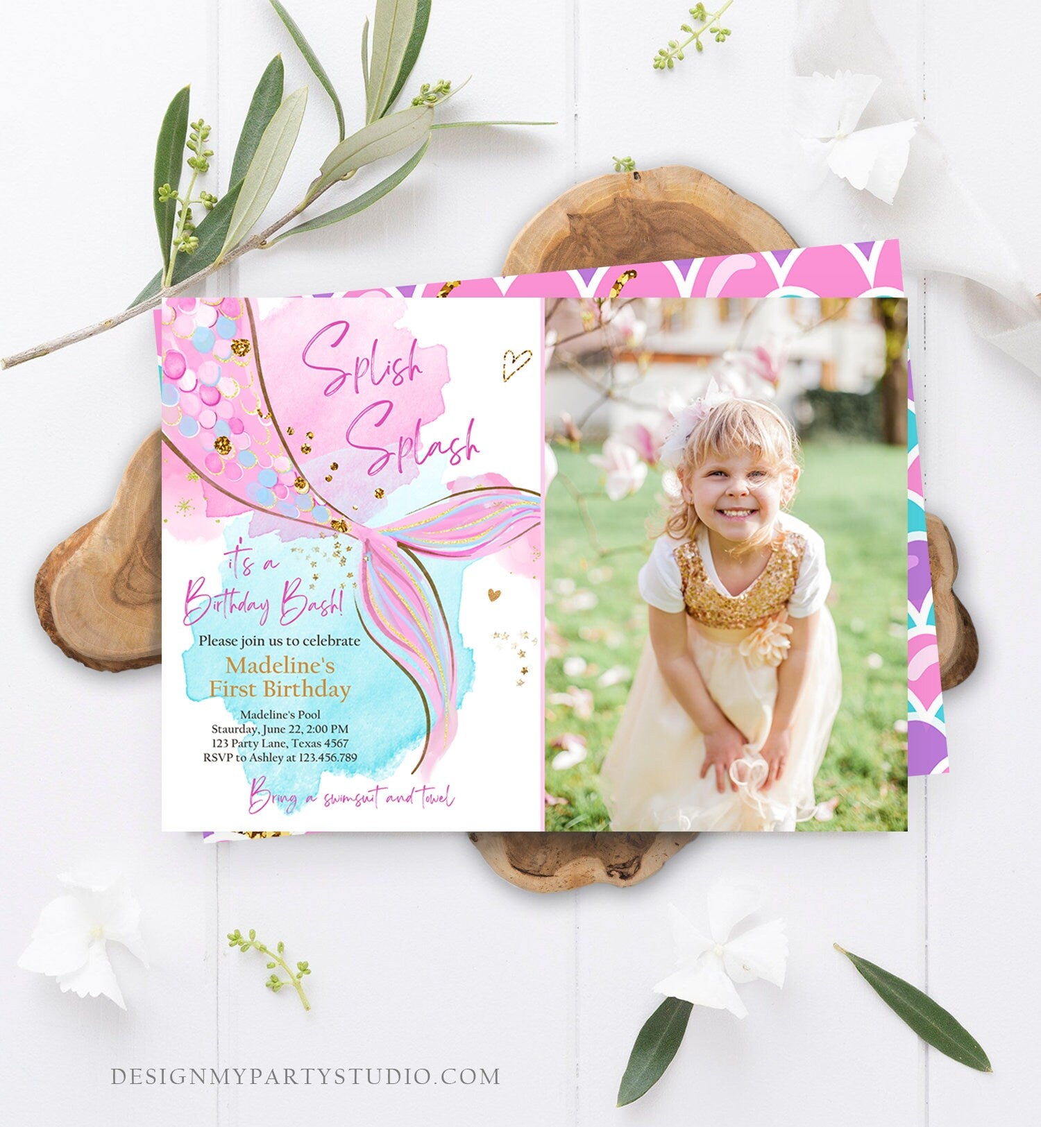 Editable Mermaid Birthday Party Invitation Girl Pink Aqua Purple Gold Mermaid Birthday Under The Sea Download Printable Template Corjl 0403