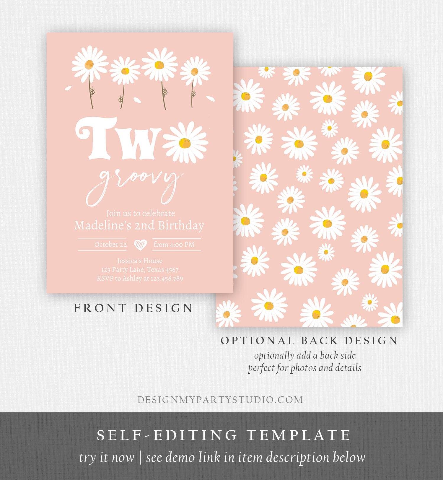 Editable Daisy Birthday Party Invitation 2nd Birthday Two Groovy Floral Bohemian Girl Boho Download Printable Template Corjl Digital 0410