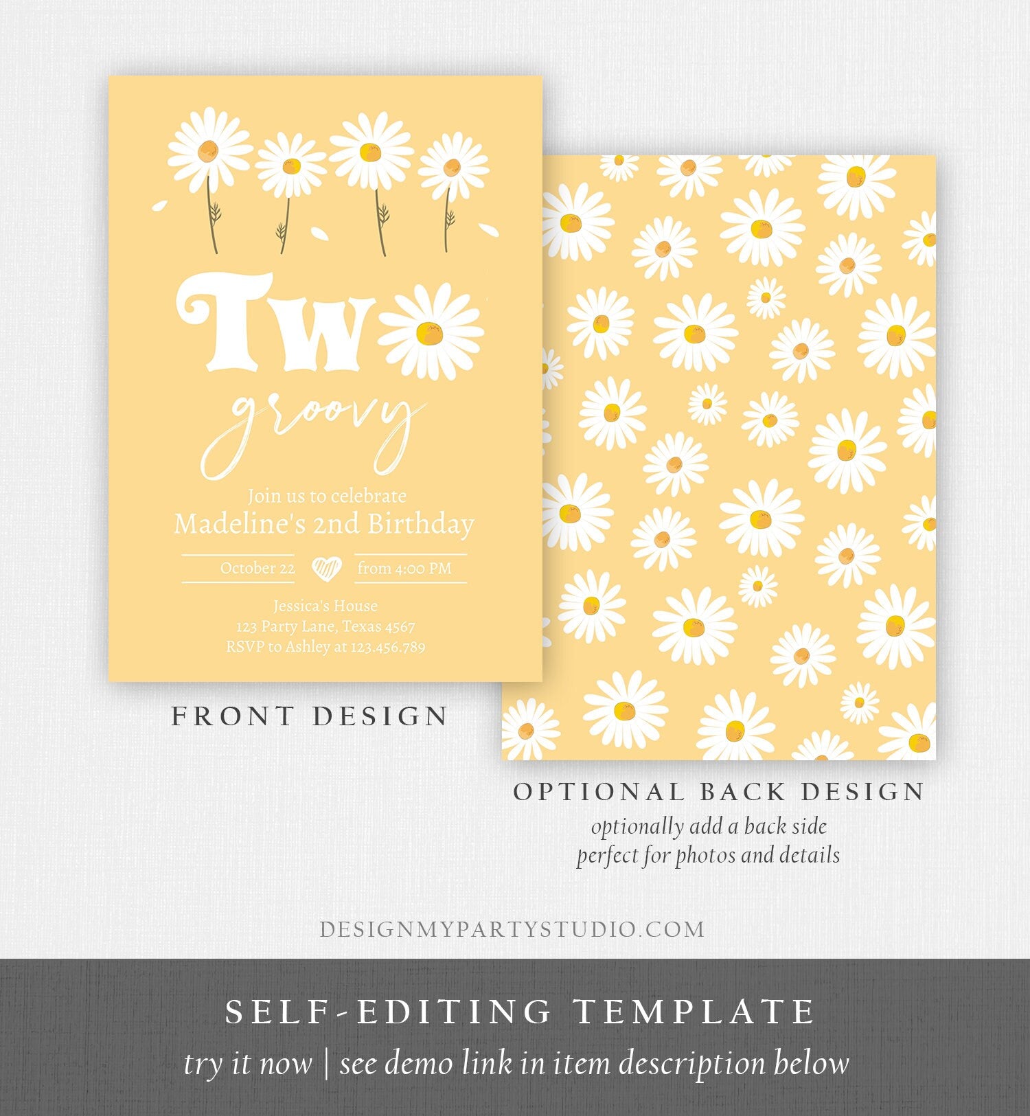 Editable Daisy Birthday Party Invitation 2nd Birthday Two Groovy Floral Bohemian Girl Boho Download Printable Template Corjl Digital 0410