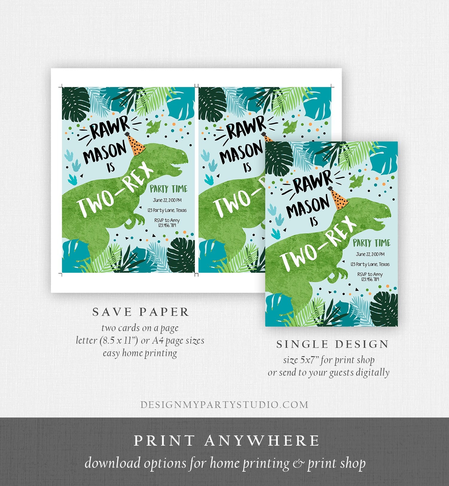 Editable Two-Rex Dinosaur Birthday Invitation Dino T-Rex Second Birthday 2nd RAWR Boy Green Blue Prehistoric Digital Template Printable 0389