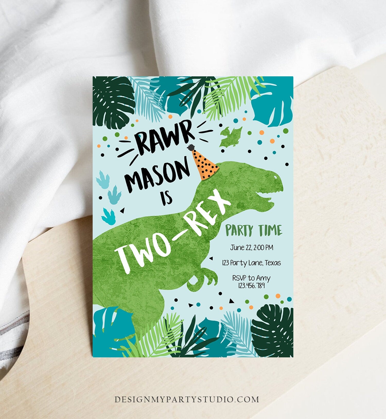 Editable Two-Rex Dinosaur Birthday Invitation Dino T-Rex Second Birthday 2nd RAWR Boy Green Blue Prehistoric Digital Template Printable 0389