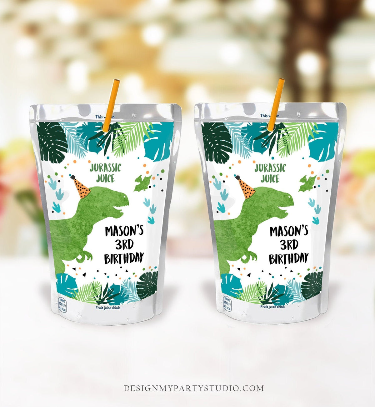 Editable Dinosaur Capri Sun Labels Juice Pouch Labels Dino Boy Birthday T-Rex Green Blue Prehistoric Download Corjl Template Printable 0389