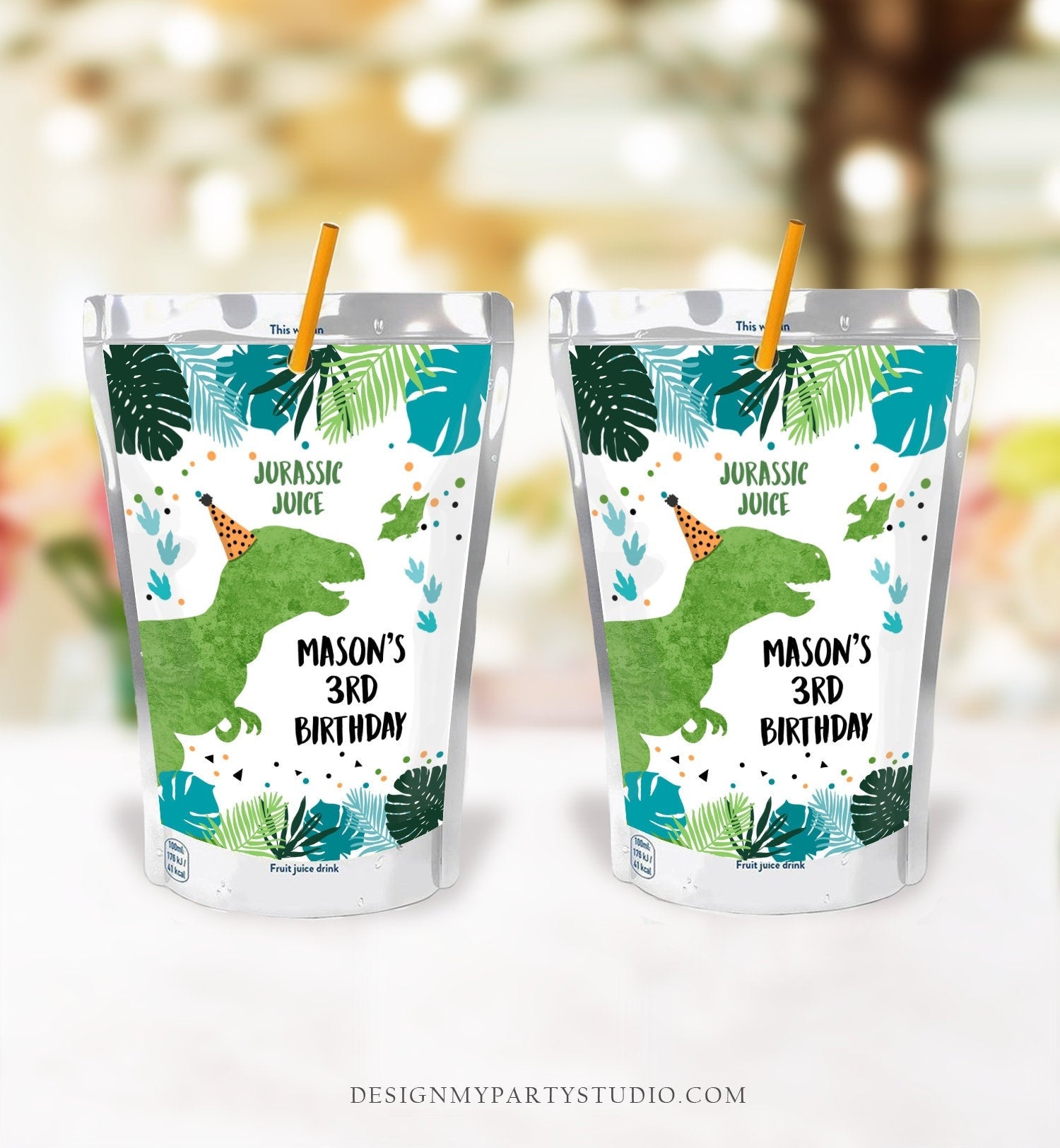 Editable Dinosaur Capri Sun Labels Juice Pouch Labels Dino Boy Birthday T-Rex Green Blue Prehistoric Download Corjl Template Printable 0389