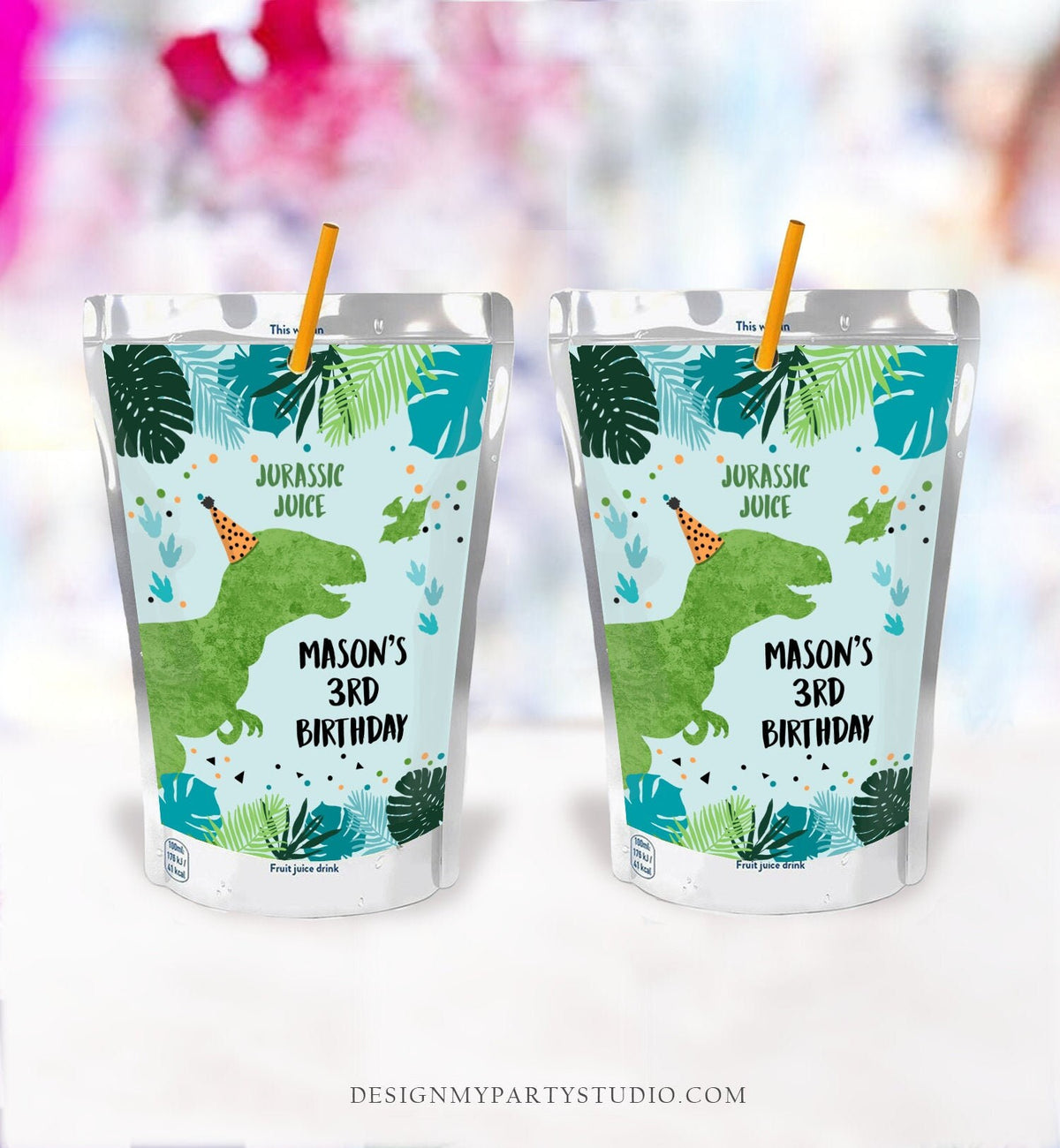 Editable Dinosaur Birthday Juice Pouch Labels Dino Dig Boy Birthday T-Rex Green Blue Prehistoric Digital Download Template Printable 0389