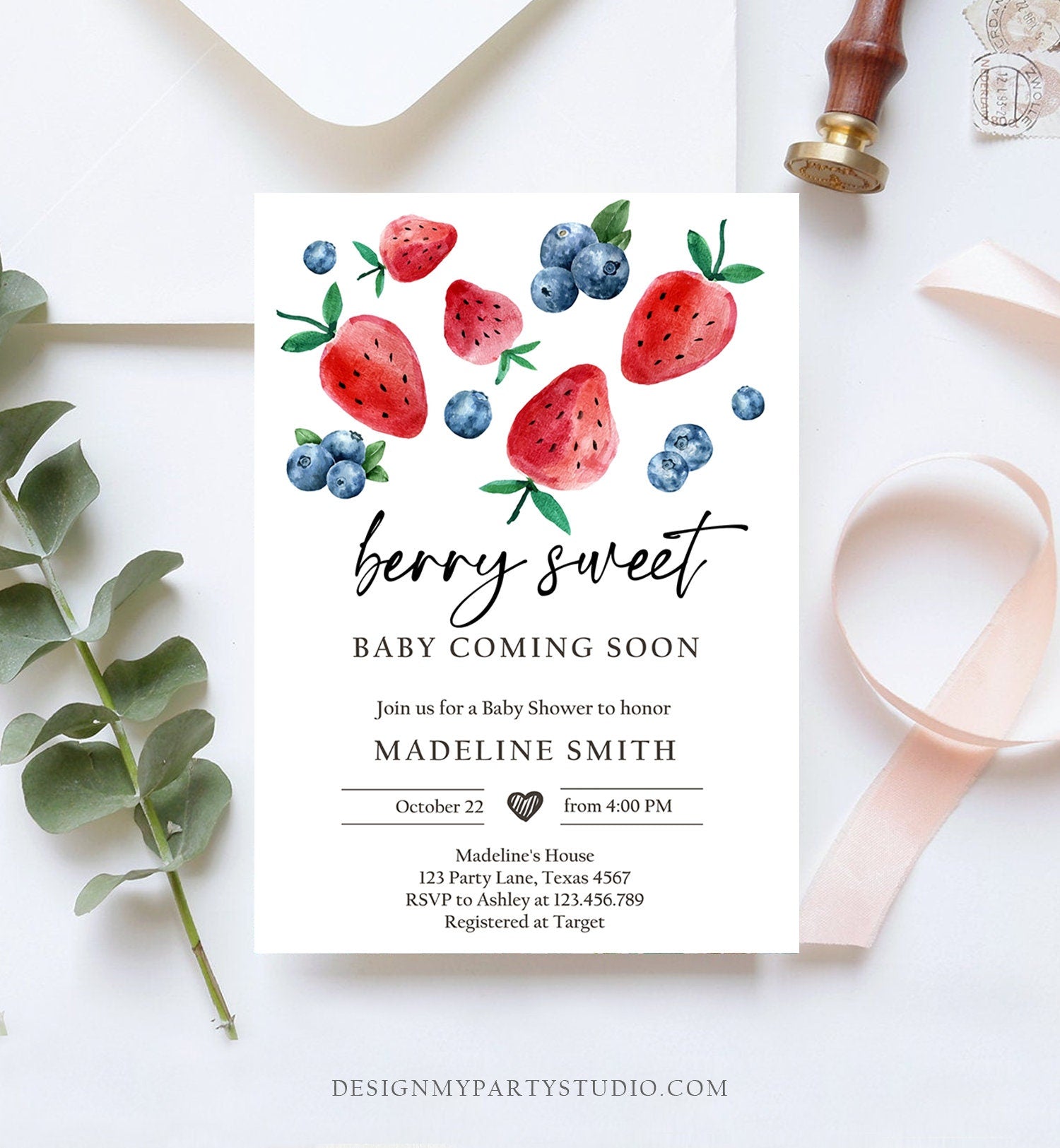 Editable Strawberry Blueberry Baby Shower Invitation Cute Berry Sweet Baby Strawberries Twin Download Printable Template Corjl Digital 0399