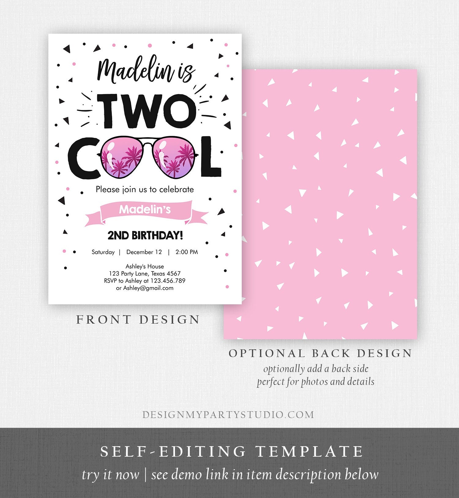 Editable Two Cool Birthday Invitation Girl Second Birthday Party 2nd I'm this Many I'm Two Cool Sunglasses Evite Template Printable 0136