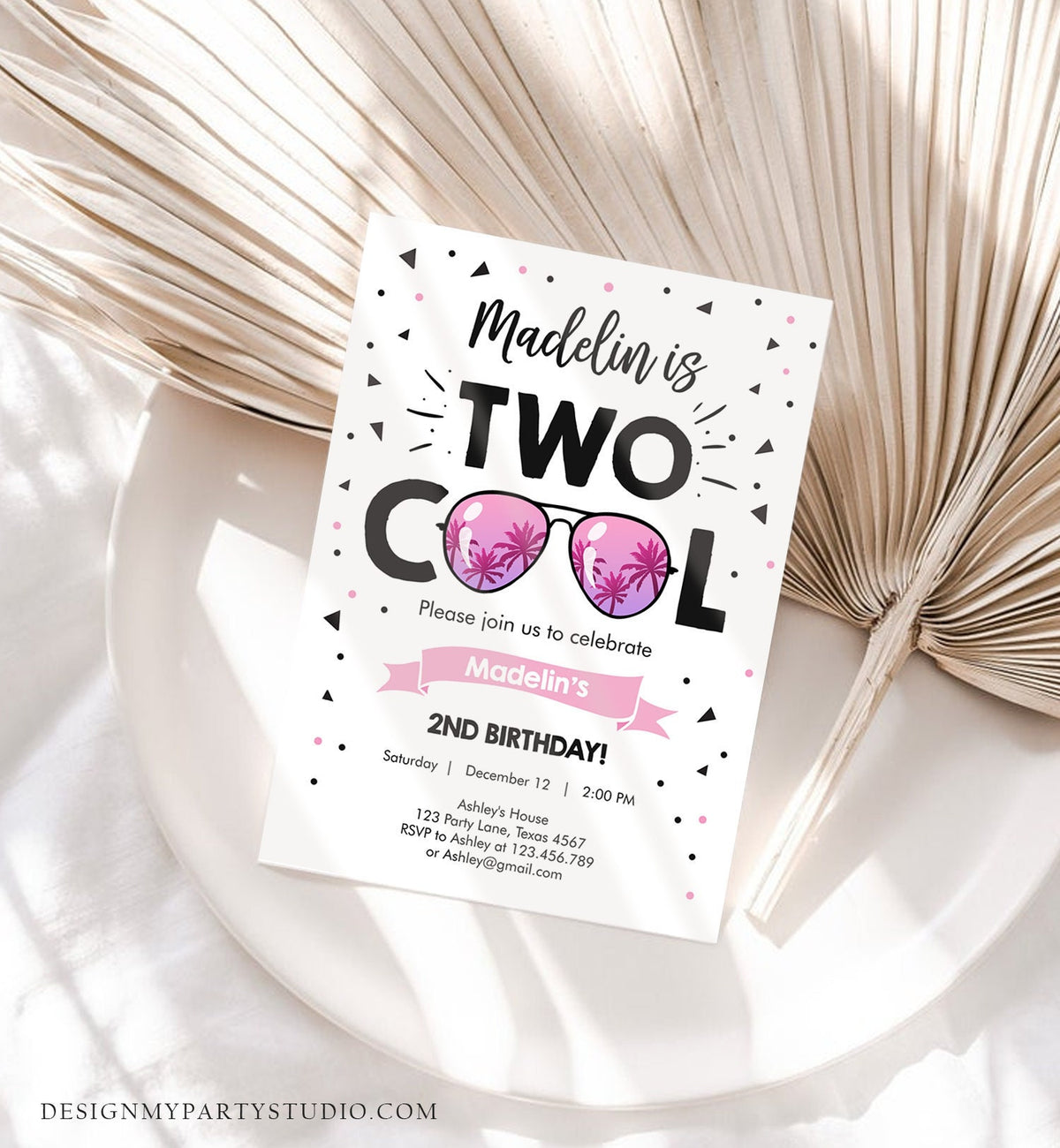 Editable Two Cool Birthday Invitation Girl Second Birthday Party 2nd I&#39;m this Many I&#39;m Two Cool Sunglasses Evite Template Printable 0136