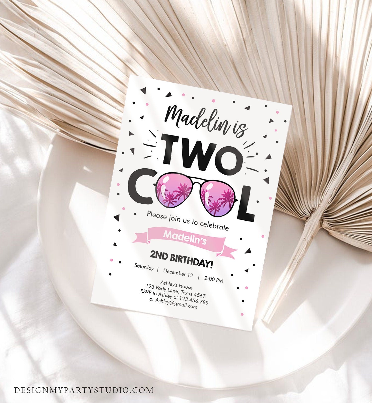 Editable Two Cool Birthday Invitation Girl Second Birthday Party 2nd I'm this Many I'm Two Cool Sunglasses Evite Template Printable 0136