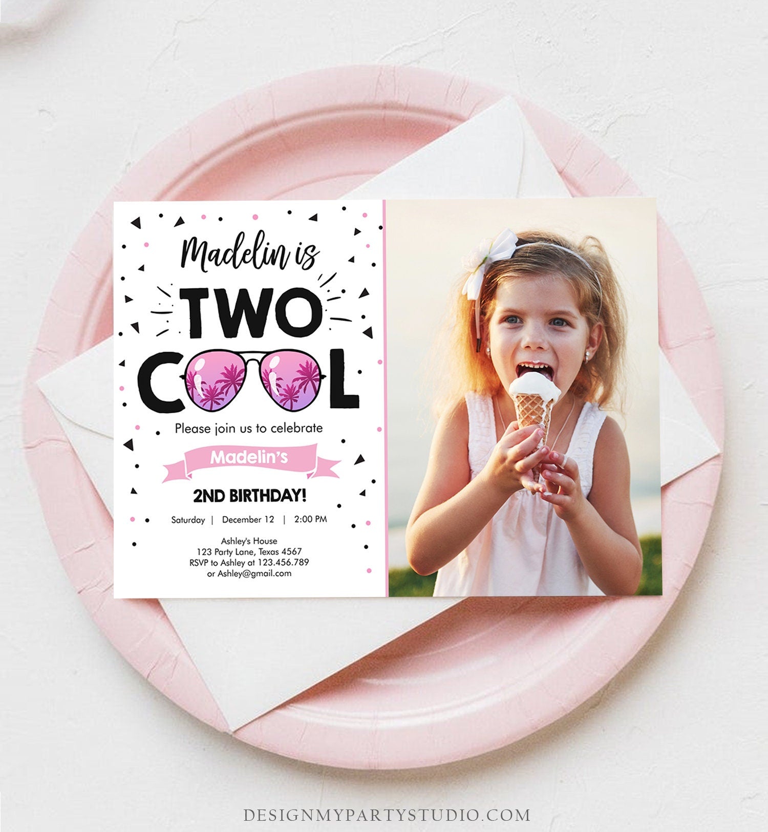 Editable Two Cool Birthday Invitation Girl Second Birthday Party 2nd I'm this Many I'm Two Cool Sunglasses Printable Corjl Template 0136