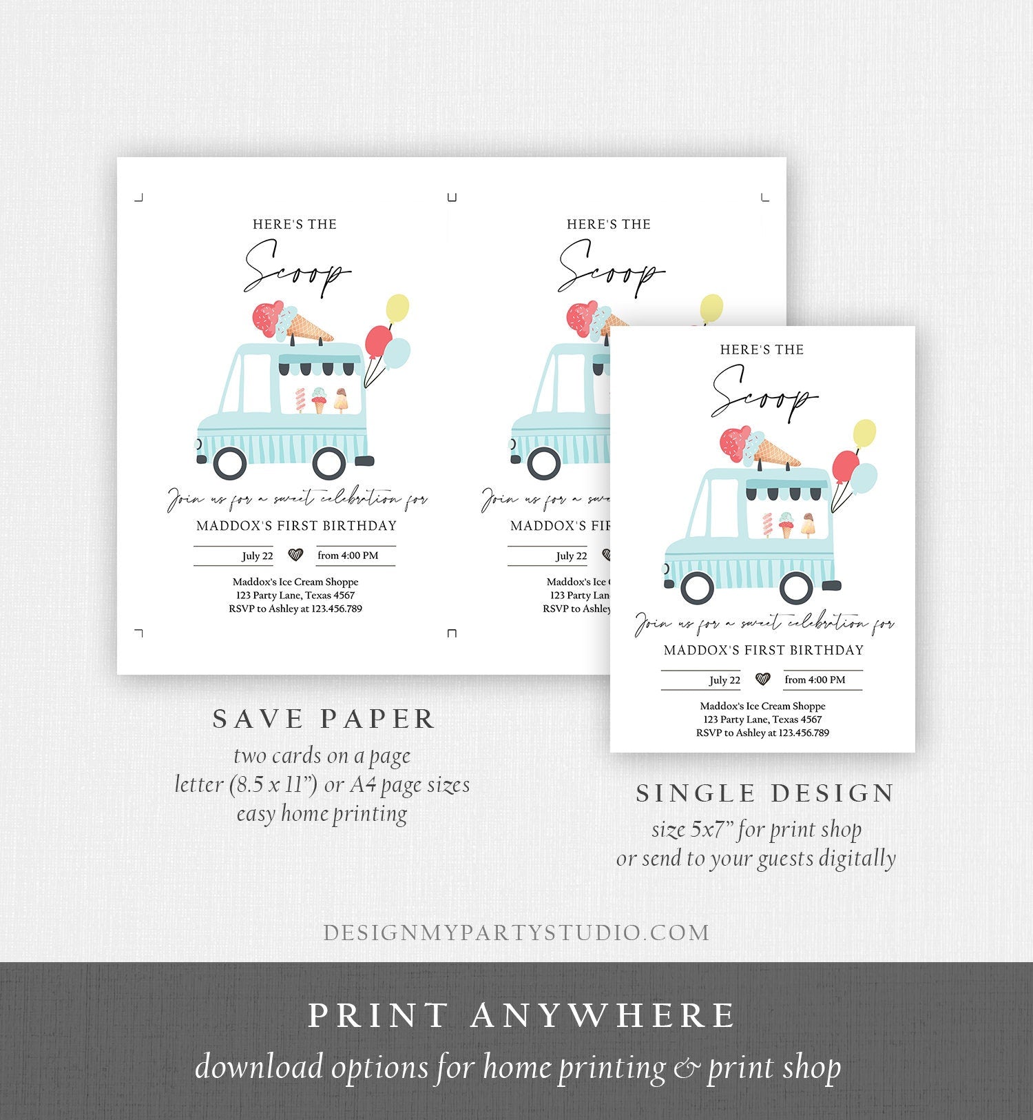 Editable Ice Cream Truck Birthday Invitation Ice Cream Truck Invite Boy Modern Ice Cream Shoppe Van The Scoop Printable Template Evite 0415