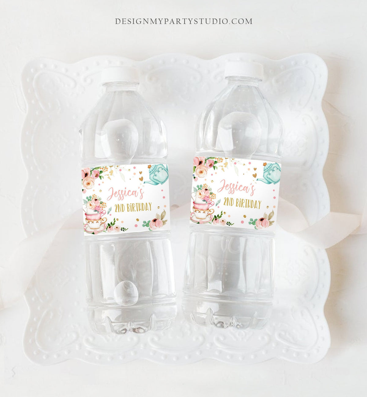 Editable Water Bottle Labels Tea Party Girl Birthday Tea for Two Birthday Flowers Pink Gold Printable Bottle Labels Template Corjl 0349