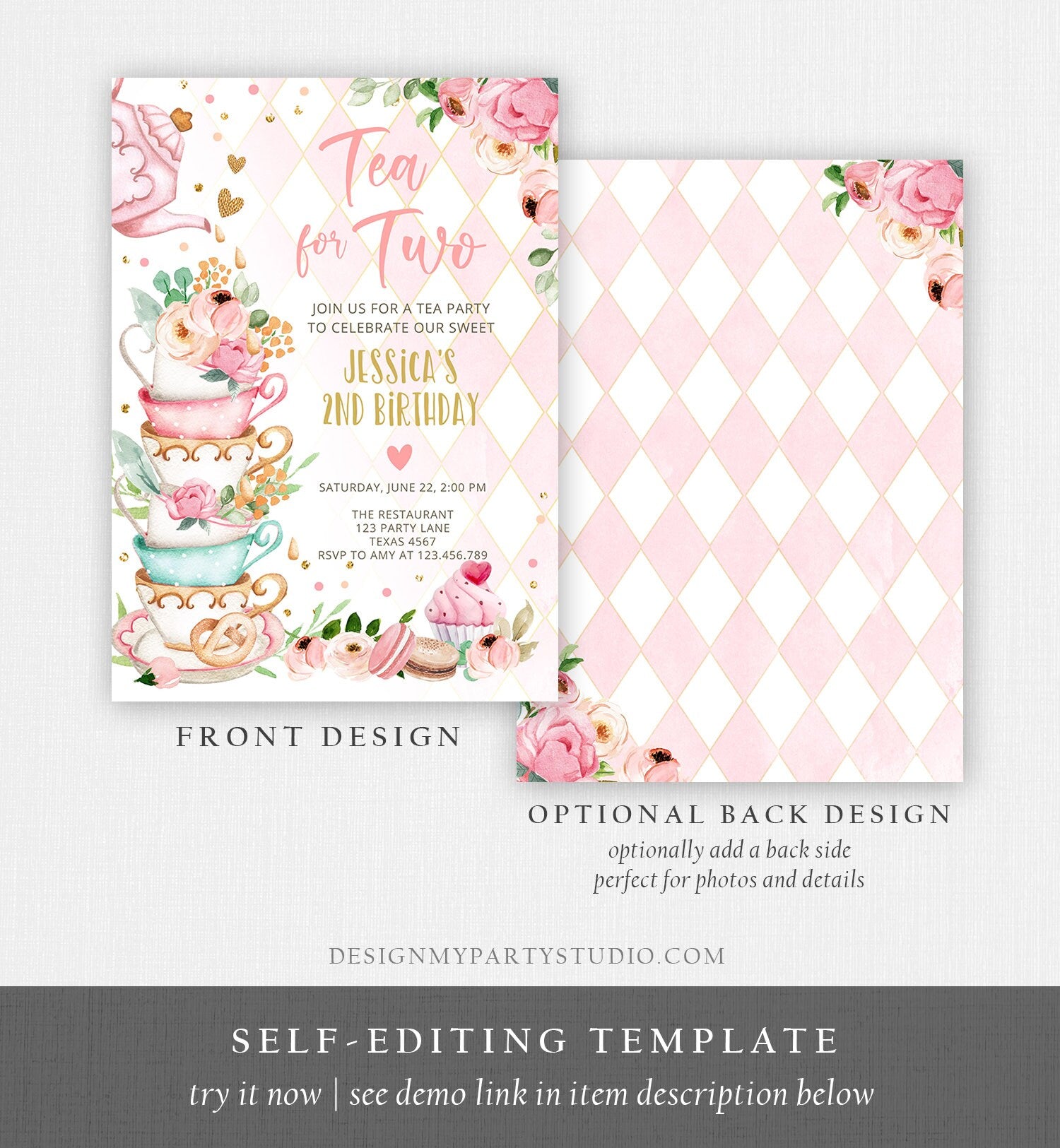 Editable Tea for Two Birthday Invitation Girl Tea Party Invite Pink Gold Floral Peach Pink Download Printable Template Corjl Digital 0349