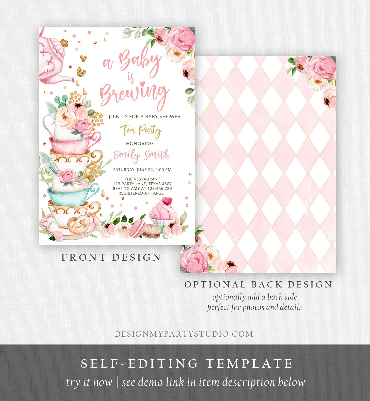 Editable Tea Party Baby Shower Invitation Tea Shower Sprinkle Floral Pink Gold Blush Brunch Bubbly Download Corjl Template Printable 0349