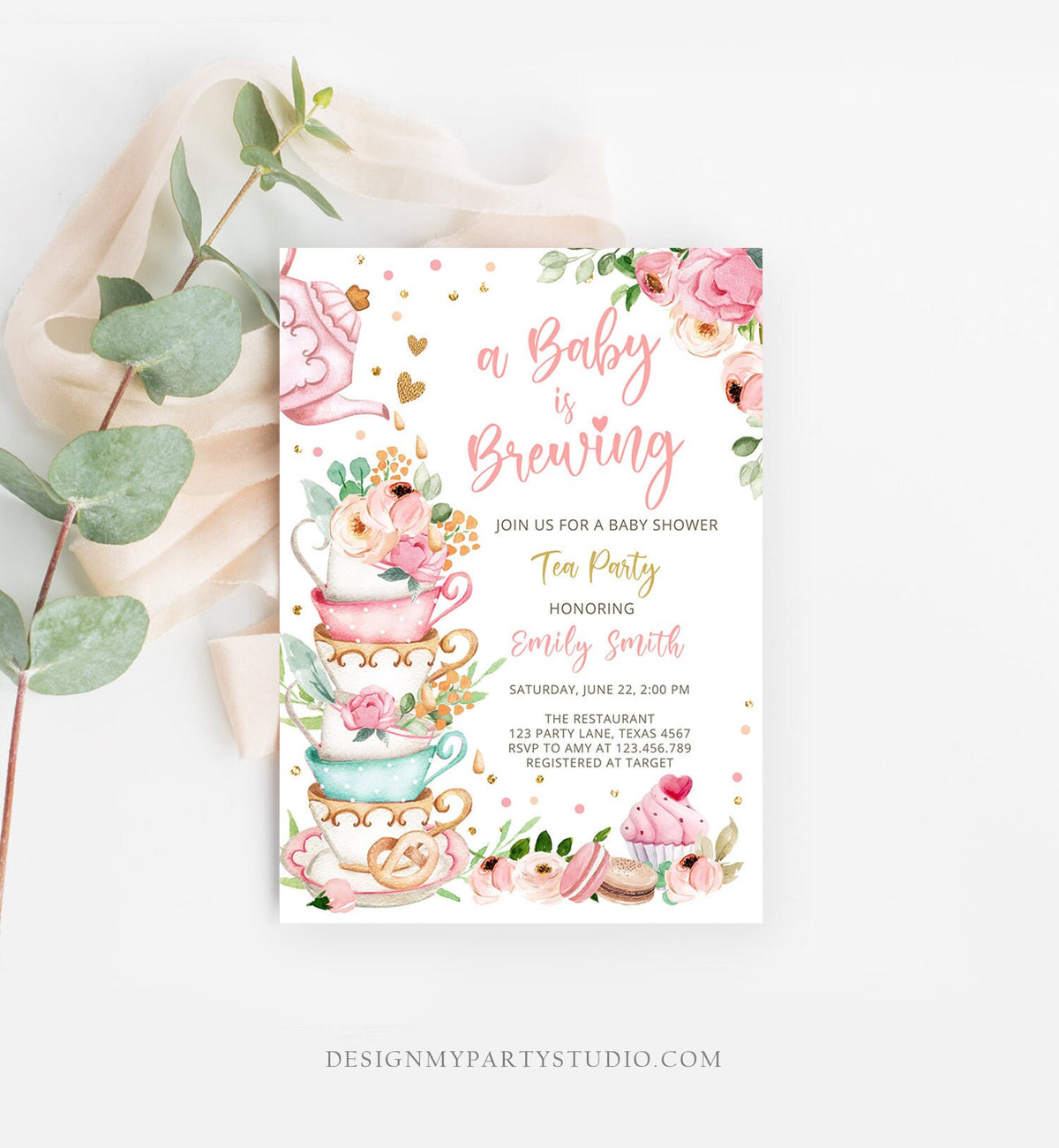 Editable Tea Party Baby Shower Invitation Tea Shower Sprinkle Floral Pink Gold Blush Brunch Bubbly Download Corjl Template Printable 0349