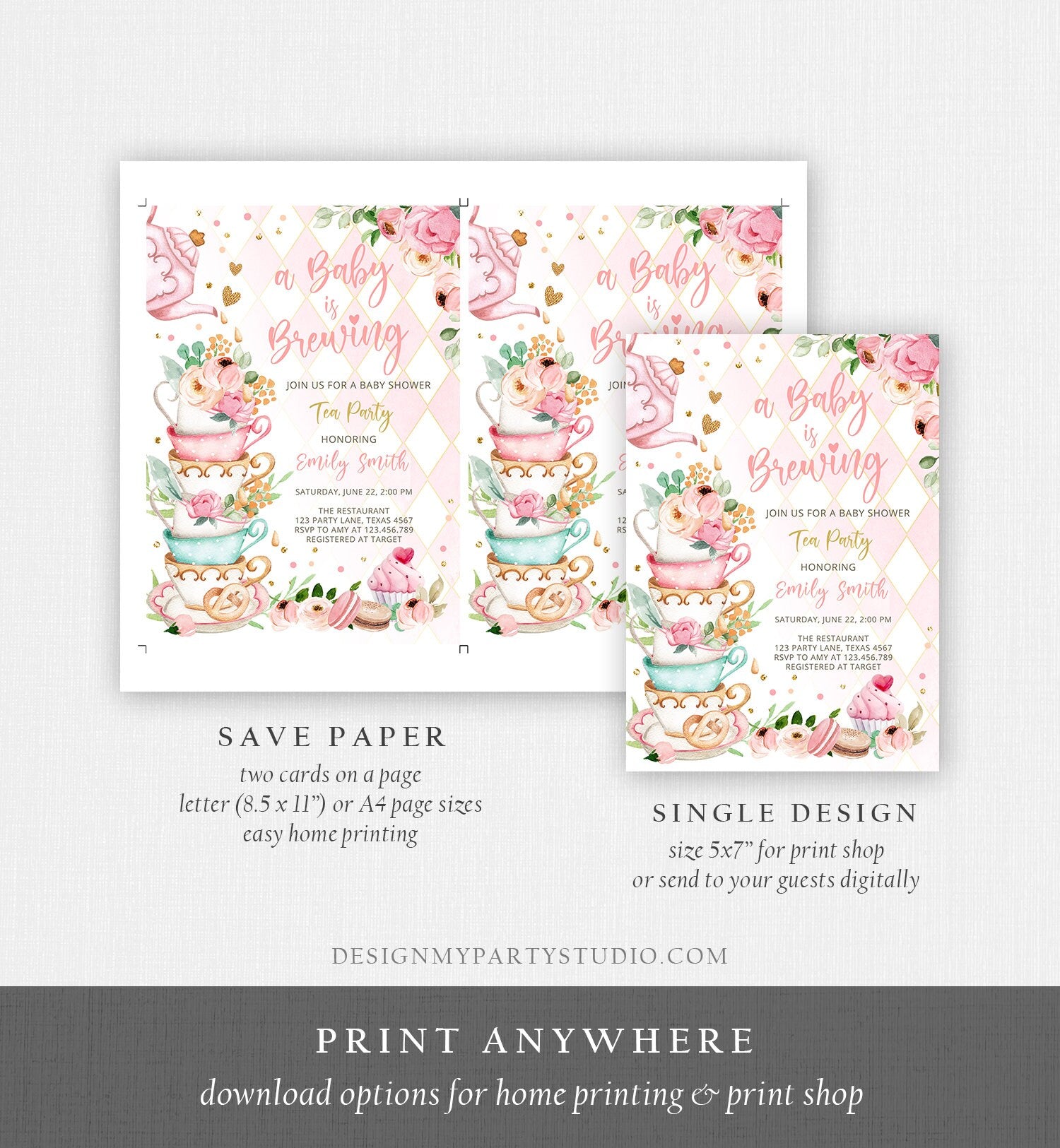 Editable Tea Party Baby Shower Invitation Tea Shower Sprinkle Floral Pink Gold Blush Brunch Bubbly Download Evite Template Printable 0349