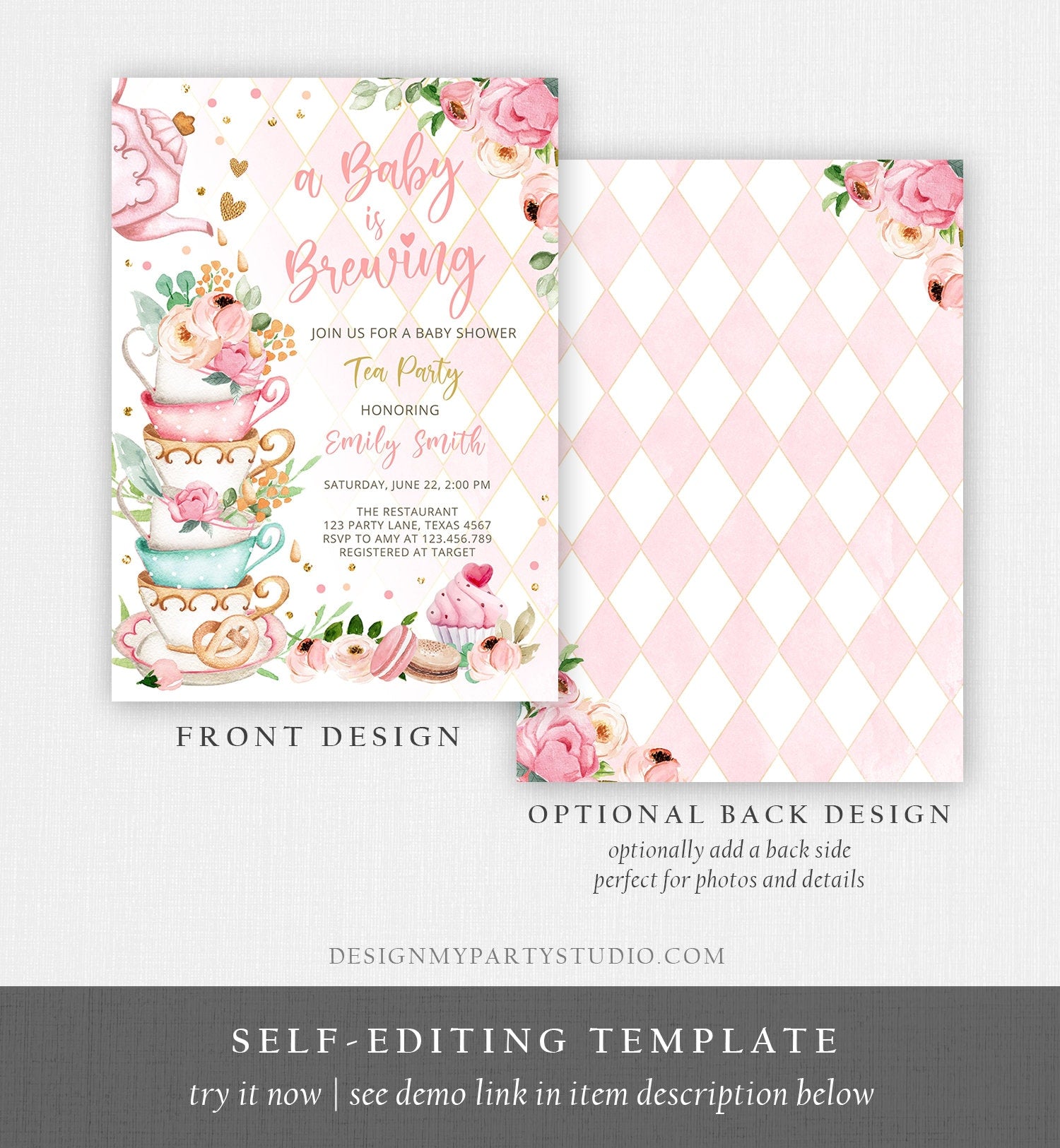 Editable Tea Party Baby Shower Invitation Tea Shower Sprinkle Floral Pink Gold Blush Brunch Bubbly Download Evite Template Printable 0349